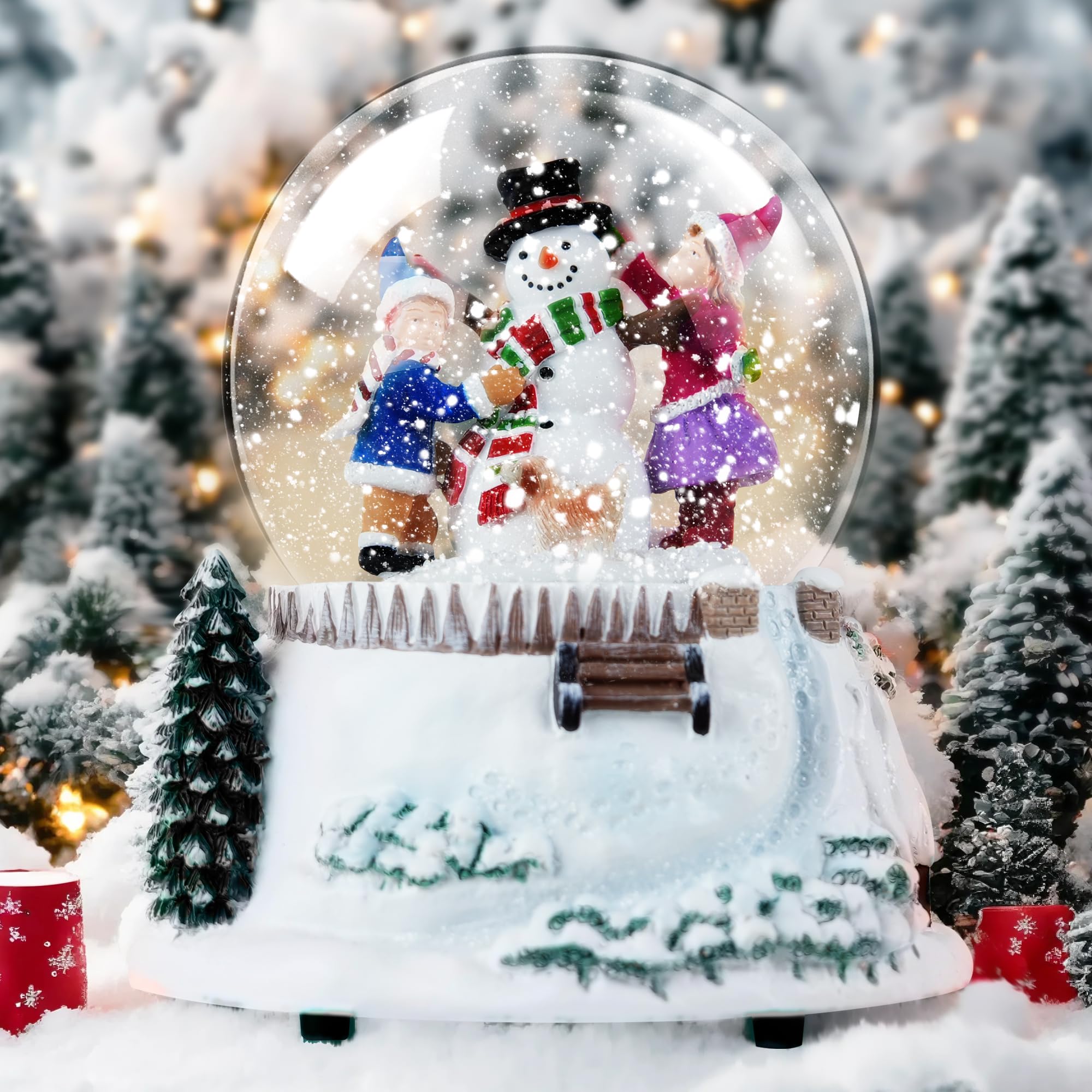 Boule à neige de Noël bonhomme de neige et amis avec lumières LED et chute de neige, boule à neige musicale pour les vacances, Père Noël vient en ville, décoration d'intérieur d'hiver, mélodie d'hiver