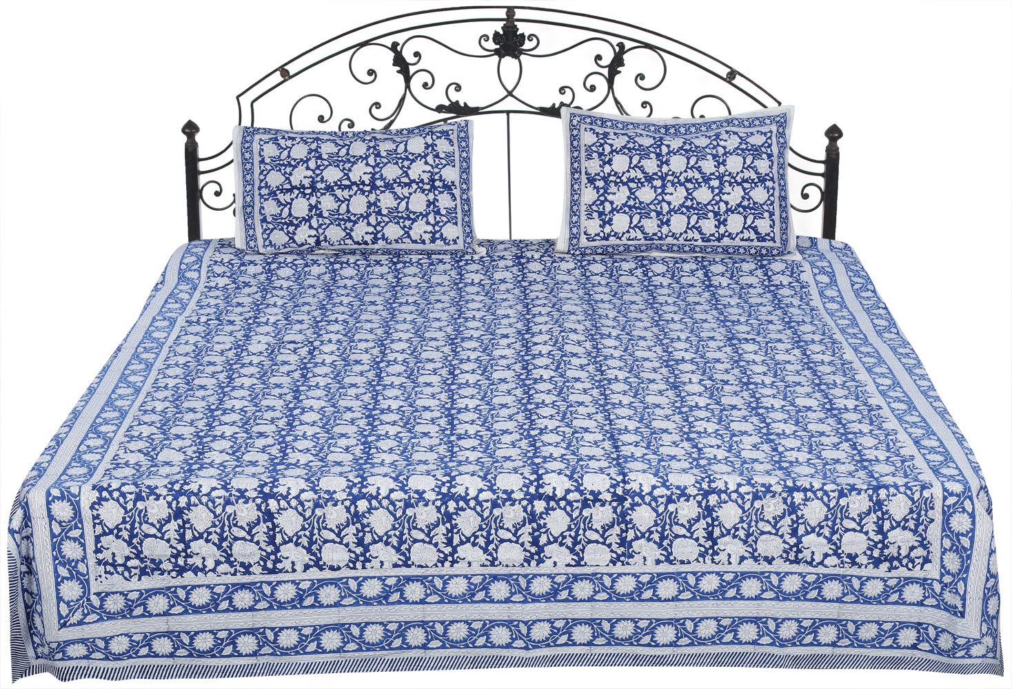 Exotic India True-Navy Bedspread from Sanganer with Printed Floral Vines All-Over - Pure Cotton with-image-8