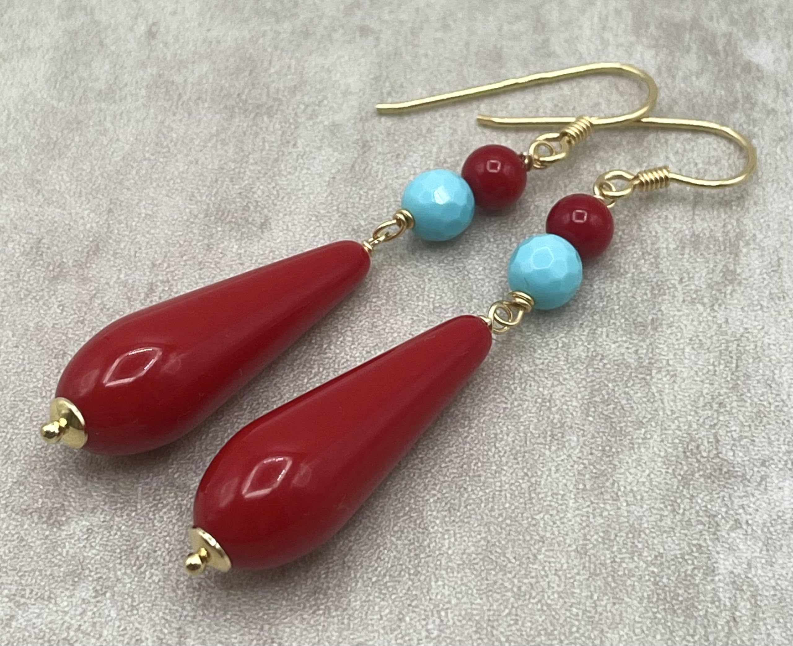 Orecchini con Gocce Rosse Corallo e Turchesi, Pendenti Lunghi, Vermeil Oro 24 K, Gioielli Artigianali, Bijoux Estate, Made in Italy