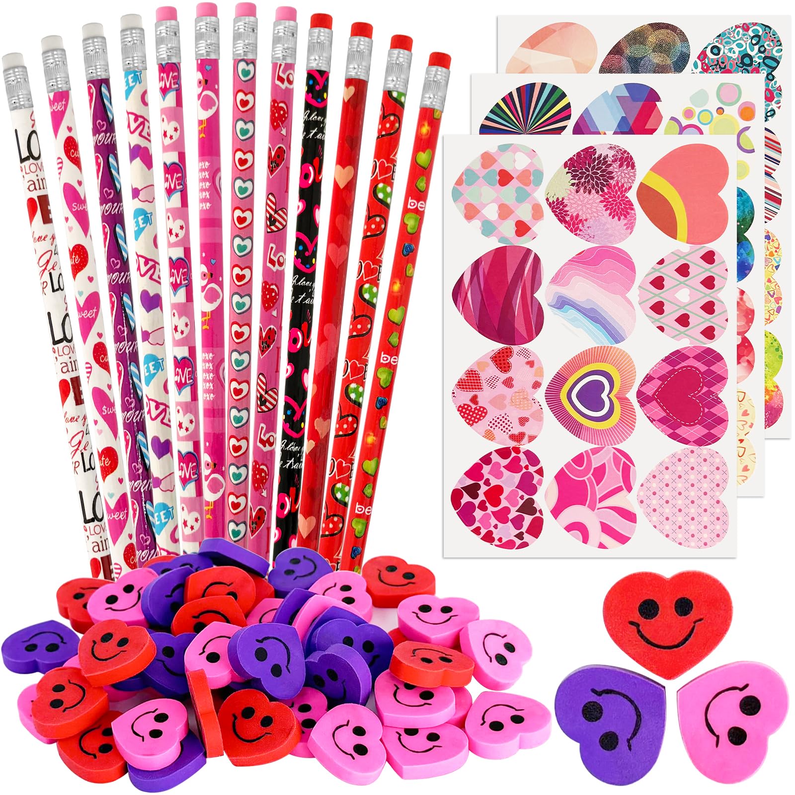 OJYUDD 36 Set Valentine’s Day Stationery Gifts for Kids,36 Pencils 36 Heart Erasers 144 Stickers,Valentines Classroom Exchange Party Favors,Teacher