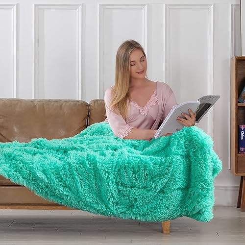 Miniatura 4 de Tuddrom Manta decorativa de piel sintética extrasuave, tamaño Queen de 80 x 90 pulgadas, manta de pelo largo reversible sólido, manta lanuda de pelo