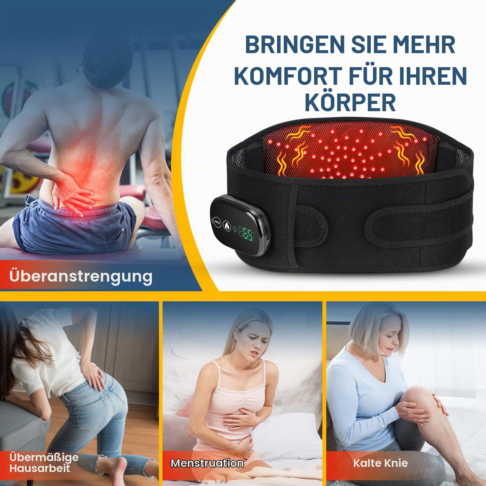 Elektrische Heizmatte Für Die Taille, Kabelloser Beheizter Rückengürtel Bauchwärmer Lendenwirbelstütze Mit Exklusivem Touchscreen, 3 Heizstufen Und 3 Massagemodi, Zur Unteren Rückens Mit 5000mAh-Akku