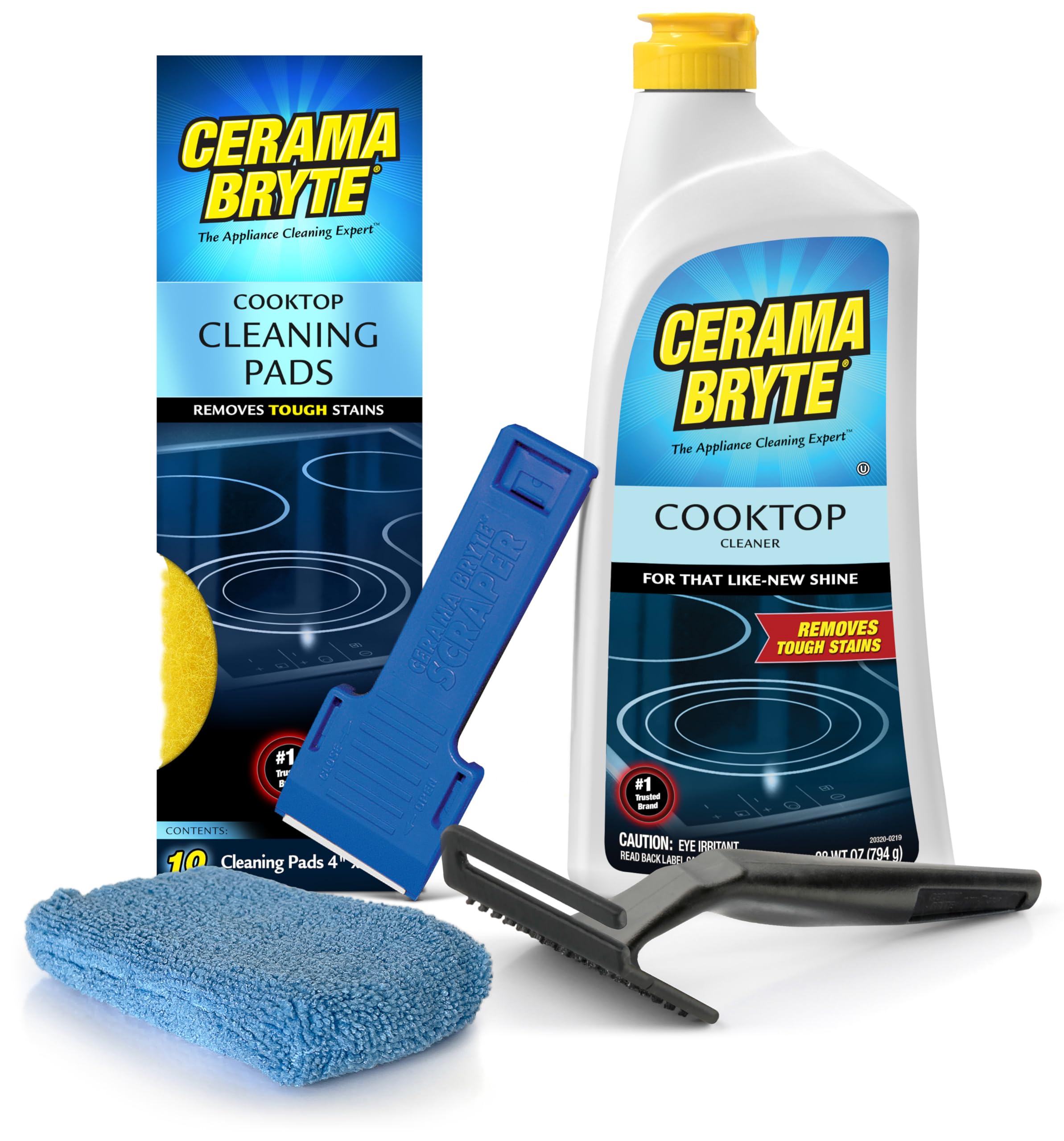 Cerama Bryte Complete Cooktop Cleaning Kit, 10 Cleaner Pads, 1 POW-R Grip Tool, 1 Scraper, and 1 Microfiber Cloth, 28 Fl Oz