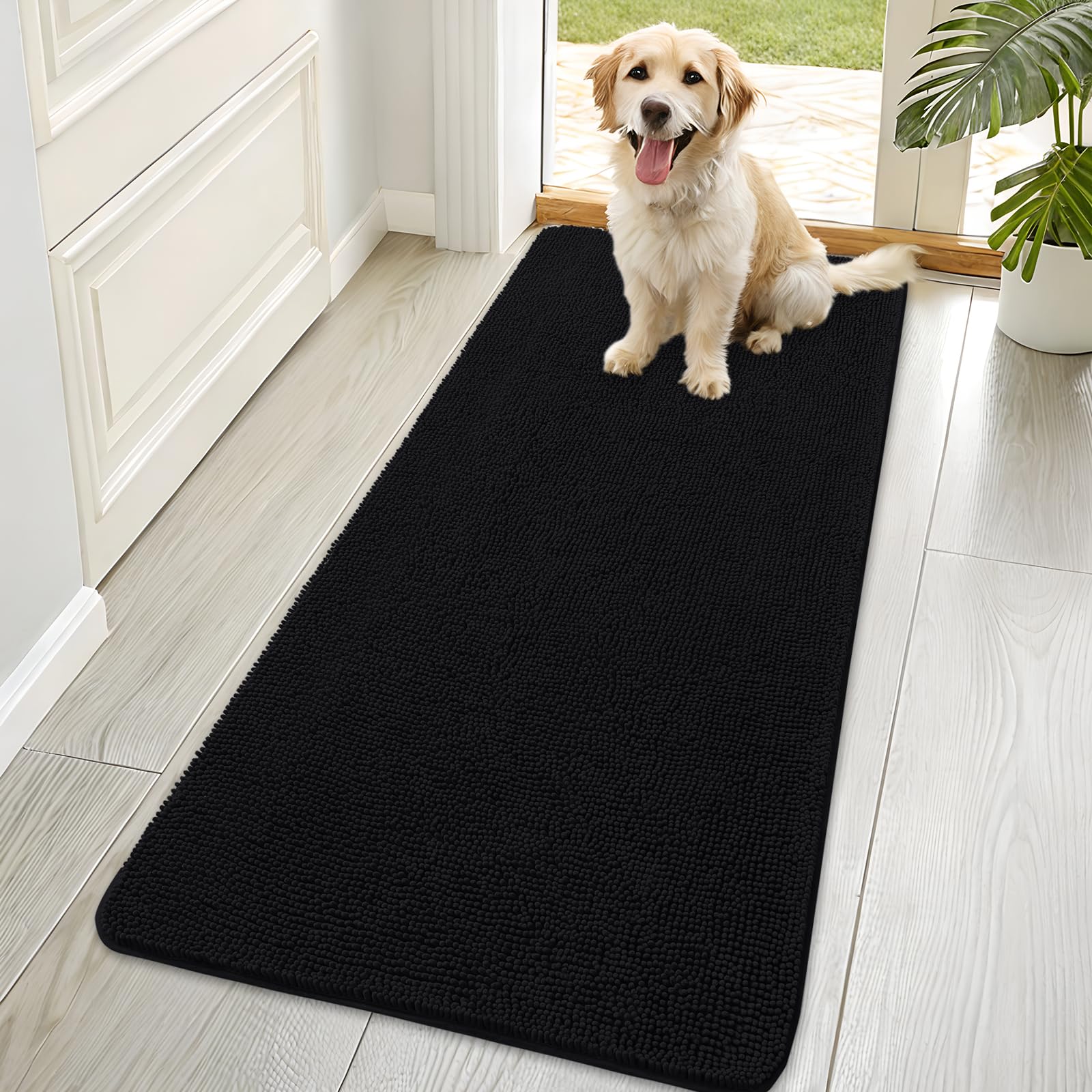 OLANLY Dog Door Mat for Muddy Paws 70x35, Absorbs Moisture and Dirt, Absorbent Non-Slip Washable Doormat, Quick Dry Chenille Mud Mat for Dogs, Entry Indoor Entryway Carpet for Inside Floor, Black โ image 1