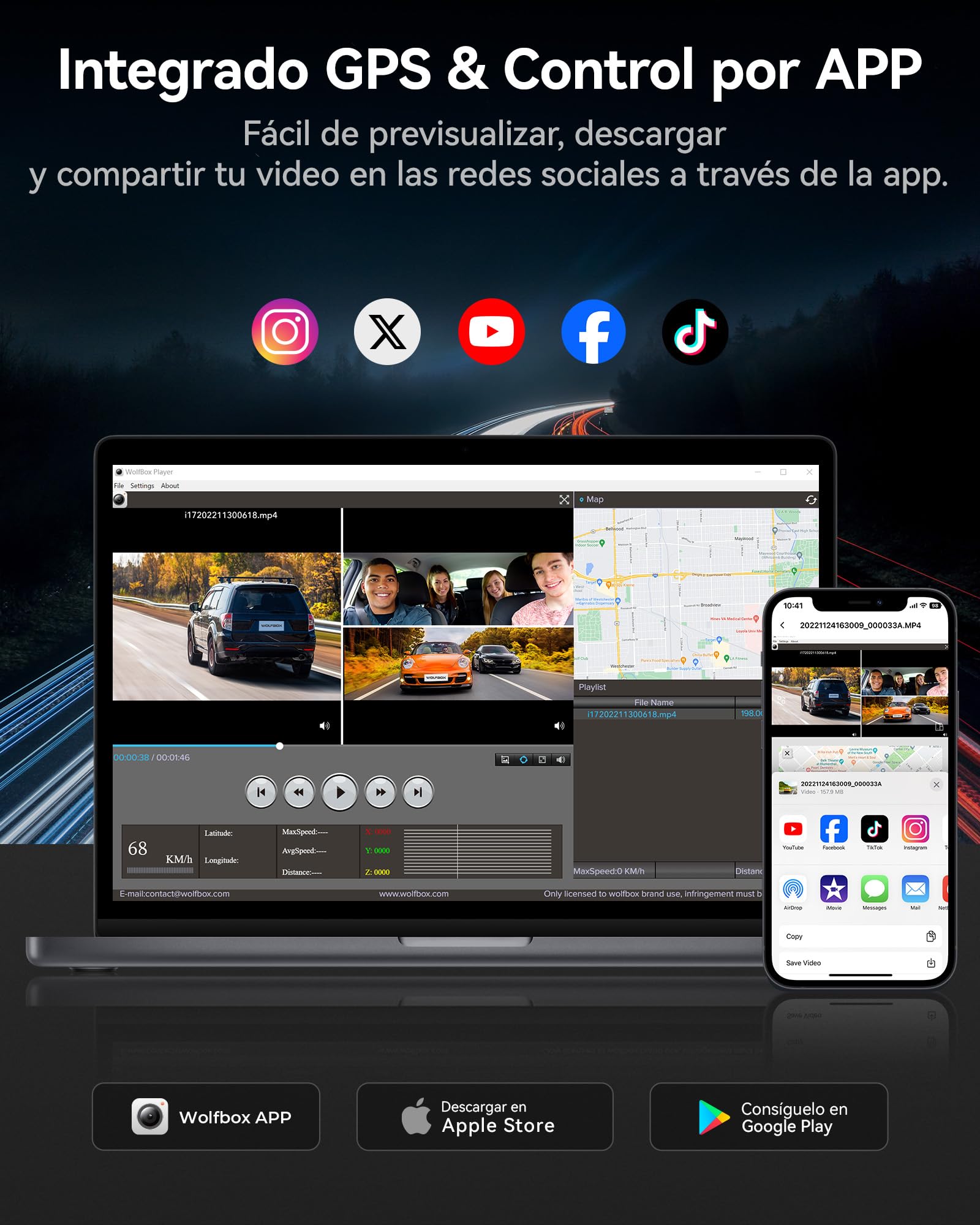 WOLFBOX i17 Dashcam 4K 3 Canales, 5.8GHz WiFi, GPS, Tarjeta 64GB, Cámara 4K+1080P+1080P Frontal y Trasera, Triple Cámara Coche, Pantalla 3", Visión Nocturna IR, WDR, Modo Estacionamiento 24H