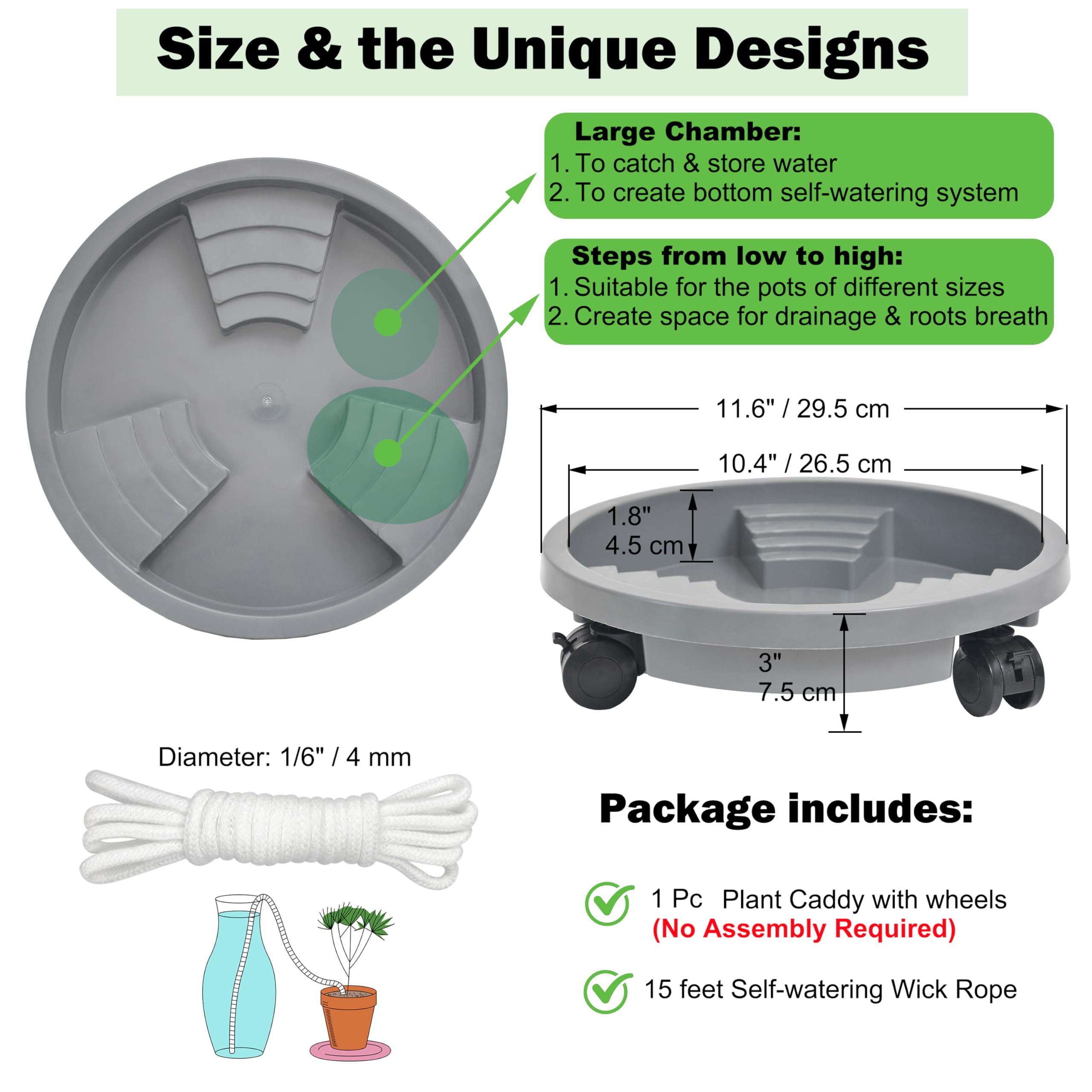 1 Pc 11 inch Plant Caddy with Lockable Wheels, Drainage & Self-watering Design, Movable Wheeled Round Planter Stand Coaster Trolley, Flower Pot Dolly Rack Tray on Rolling Casters Roller Indoor Outdoor - Image 2