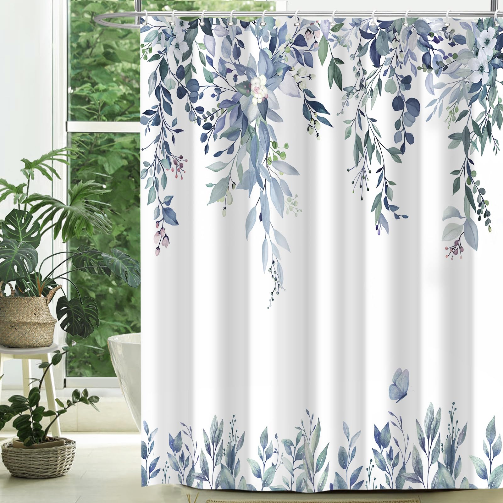 CTOTSYC Eucalyptus Shower Curtains for Bathroom, Blue Watercolor Leaves with Floral Shower Curtain Sets with Hooks, Waterproof Fabric Botanical
