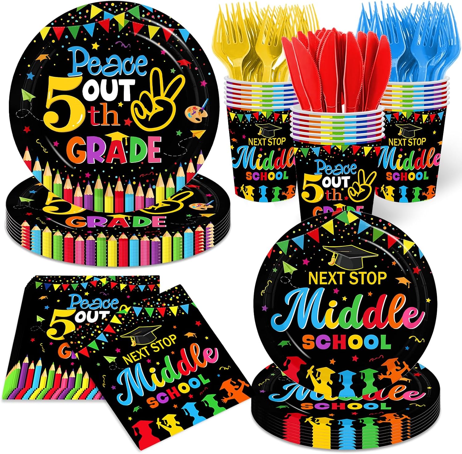5th Grade Graduation Decorations 5th Grade Graduation Plates and Napkins Elementary Grad Tableware for 5th Grade Graduation Party Supplies,Serve 24 (Black)