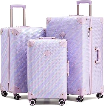 3-Piece High-Capacity Lightweight Vintage PU Leather Luggage Set 20/24/28 Carry-on & Checked, Water-Resistant, 360 Spinner Wheels Aurora Lavender