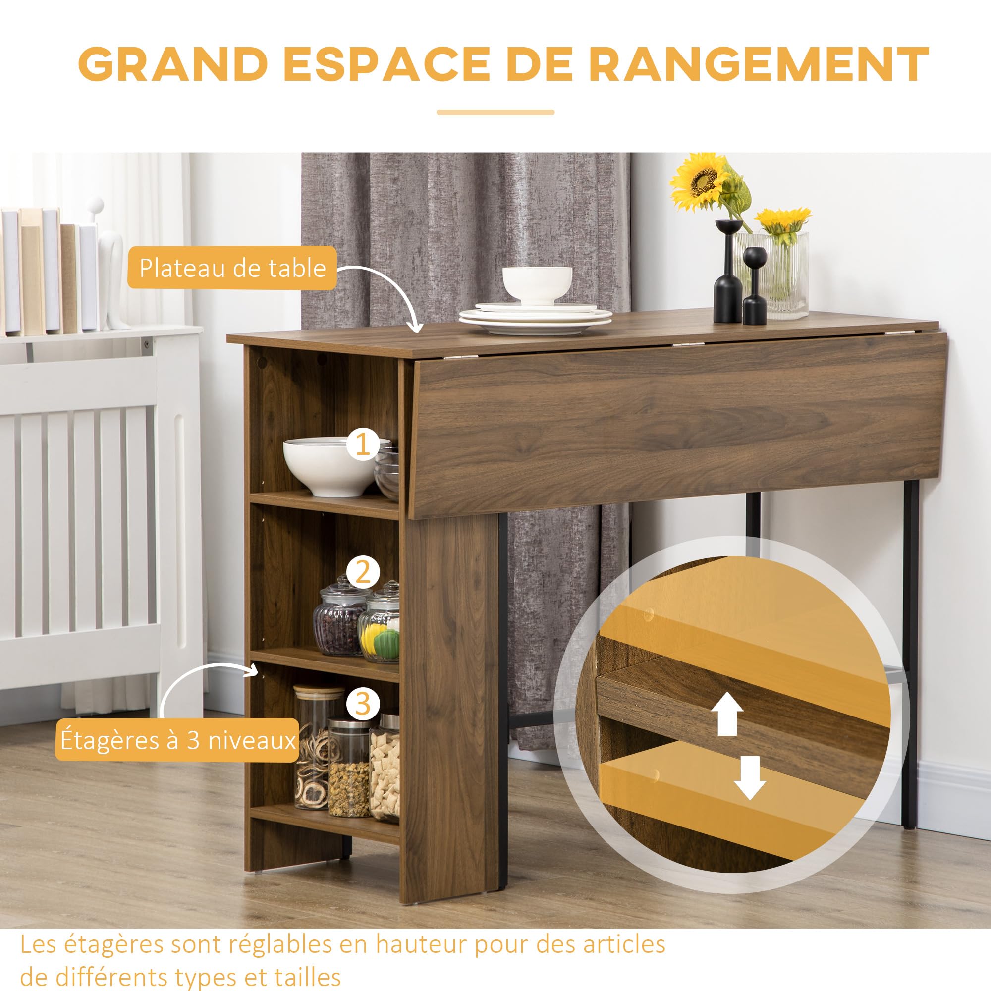 HOMCOM Tavolo da bar con contenitore Tavolo da bistrot Isola centrale con piano laterale pieghevole e 3 ripiani - 120 x 76 x 91,4 cm marrone