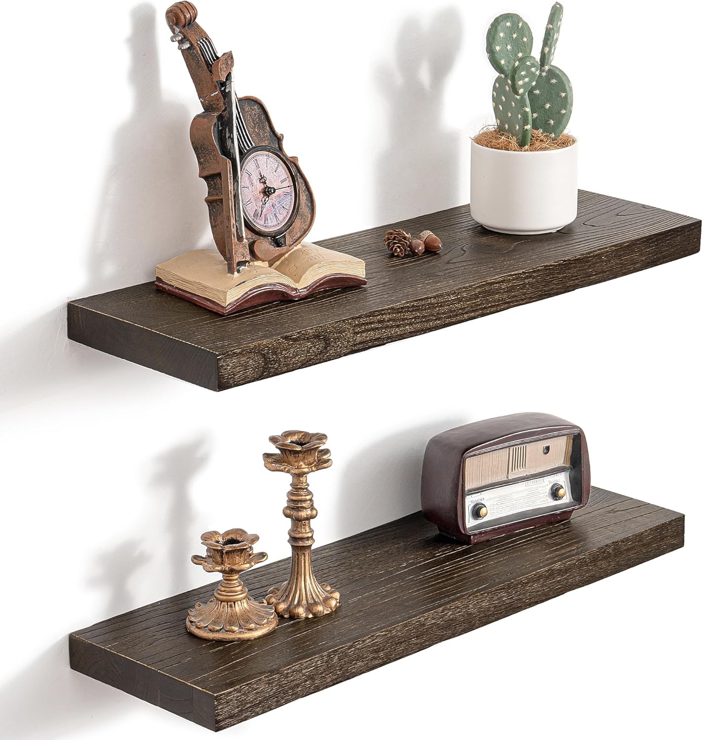 24 Inch Floating Shelves for Wall, 8"D High End Solid Hardwood Shelves for Decor Storage, Rustic Wall Shelves with Invisible Heavy Duty Brackets for Living Room, Kitchen, Bathroom, Walnut, 2 Pack