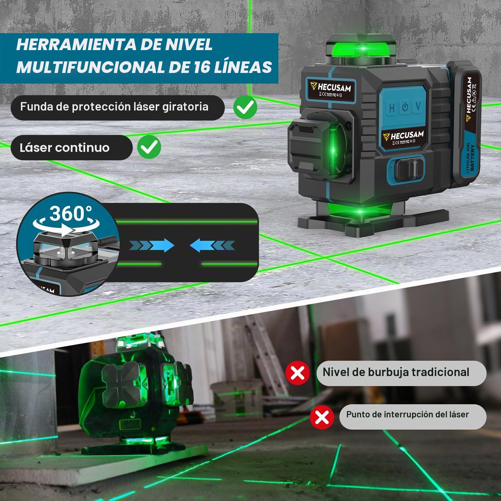 Nivel Laser Con Tripode, Nivel Laser Autonivelante 4 X 360 Grados, Laser Verde Sin Interrupciones Con Giratorio Ventana 360, BateríA 2×4800 mAh, Grado IP54 Para Construcción, Baldosas