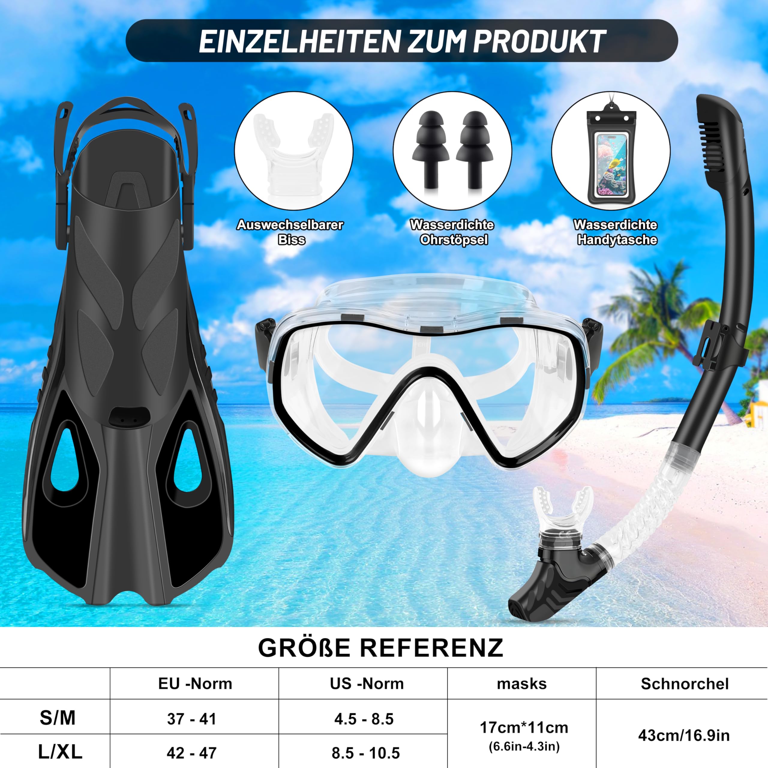 IEEILULU Schnorchelset Erwachsene, 7-teiliges Schnorchelausrüstung mit Anti-Fog Taucherbrille, Flossen, Trockenschnorchel, wasserdichte Handyhülle Ohrstopsel und Tragetasche