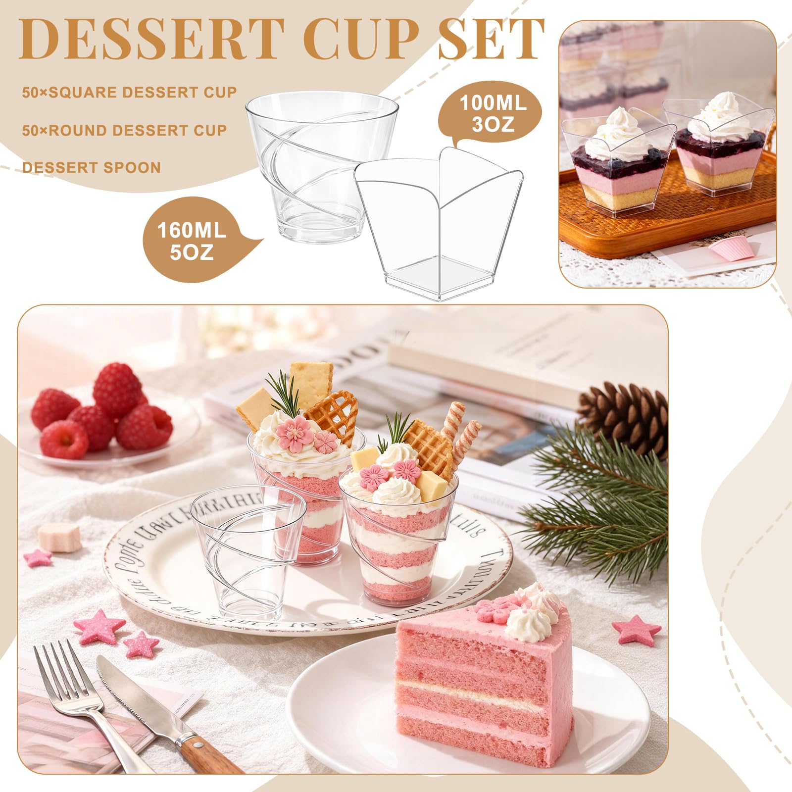100 bicchieri da dessert in plastica, 160 ml, con cucchiaio, 2 diversi disegni, riutilizzabili, per gelati, mousse, budini, feste, compleanni, matrimoni