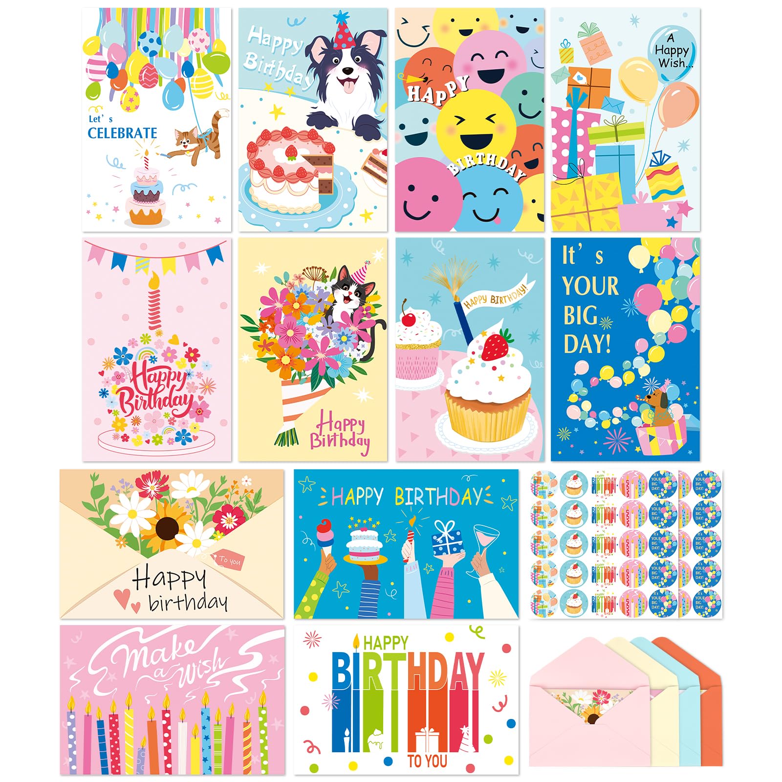 Happy Birthday Cards Bulk Of 48 With Envelopes & Stickers-12 Different Design Blank Inside-10 * 15Cm Premium Greeting Card With Package Box For Kids Friend — image 1