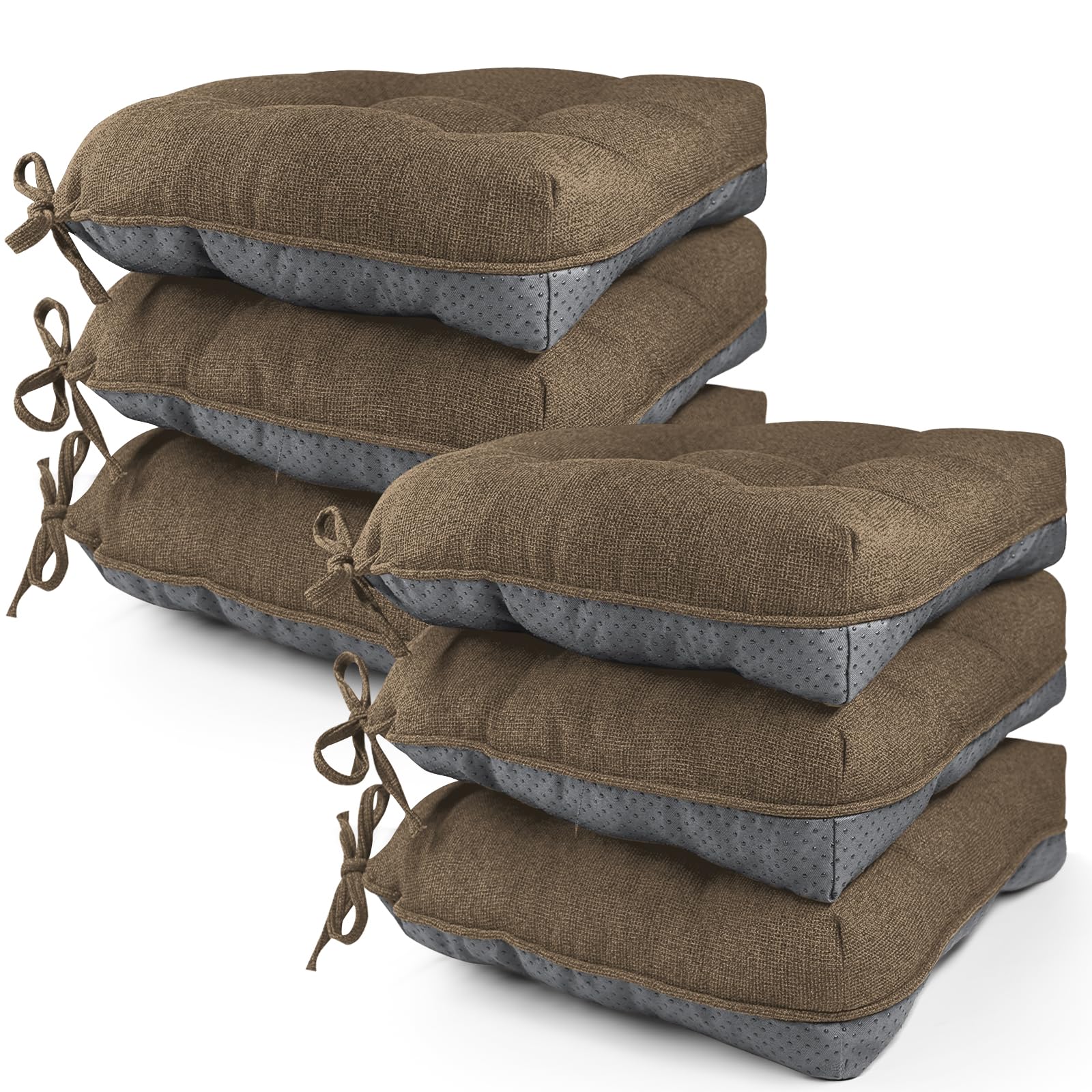 widesmile Chair Cushions for Dinning Chairs, Set of 6 PCS Memory Foam Kitchen Chair Cushion with Ties and Non Slip Backing, Tufted Chair Cushions for Dining Room, 40cm x 40cm x 10cm, Brown