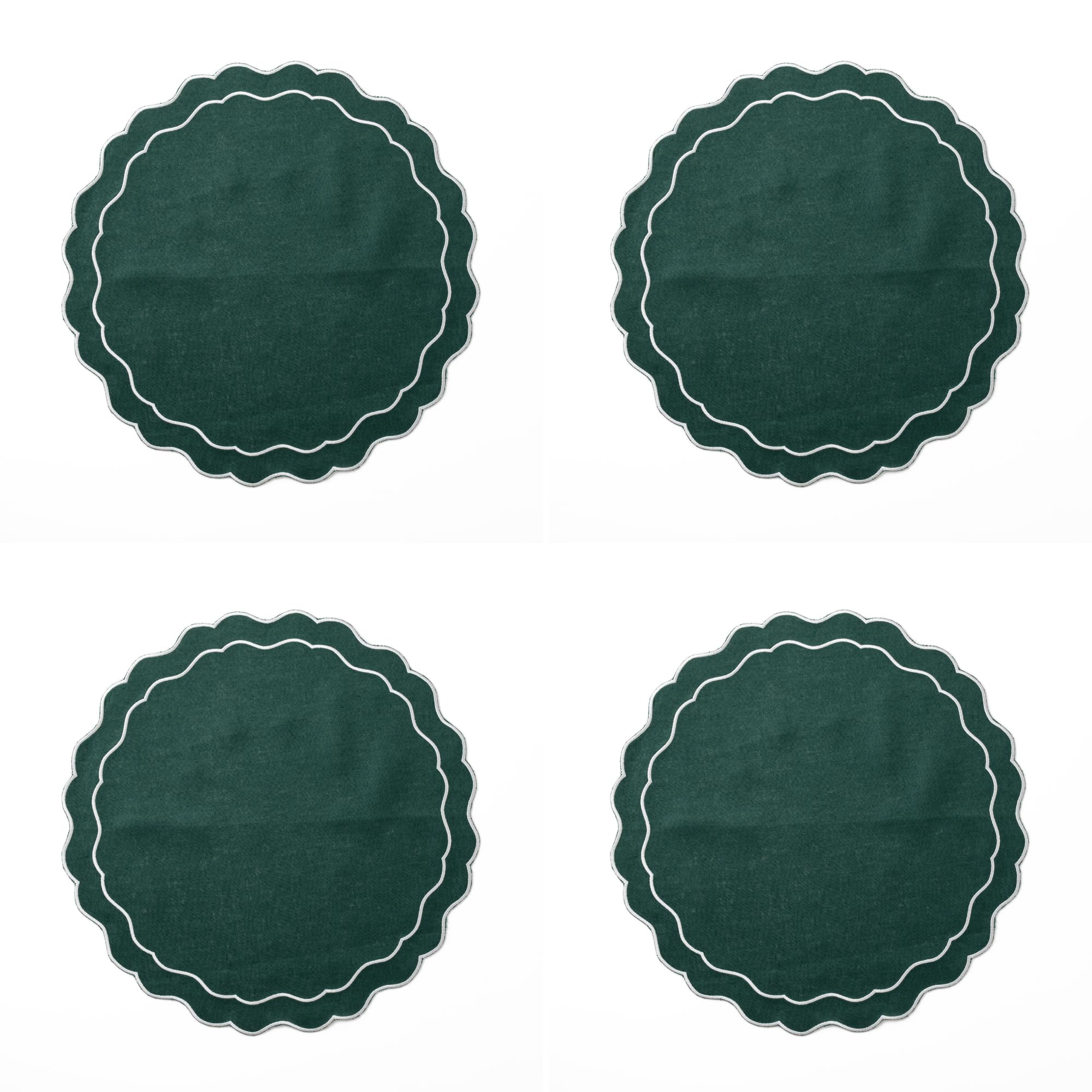 Clio & Clover Emerald Green Linen Placemat With Scalloped Edge - Set Of 4-100% Linen Placemats - Luxury Design With Scalloped Edge - Arrives Beautifully Packaged (Emerald Green)