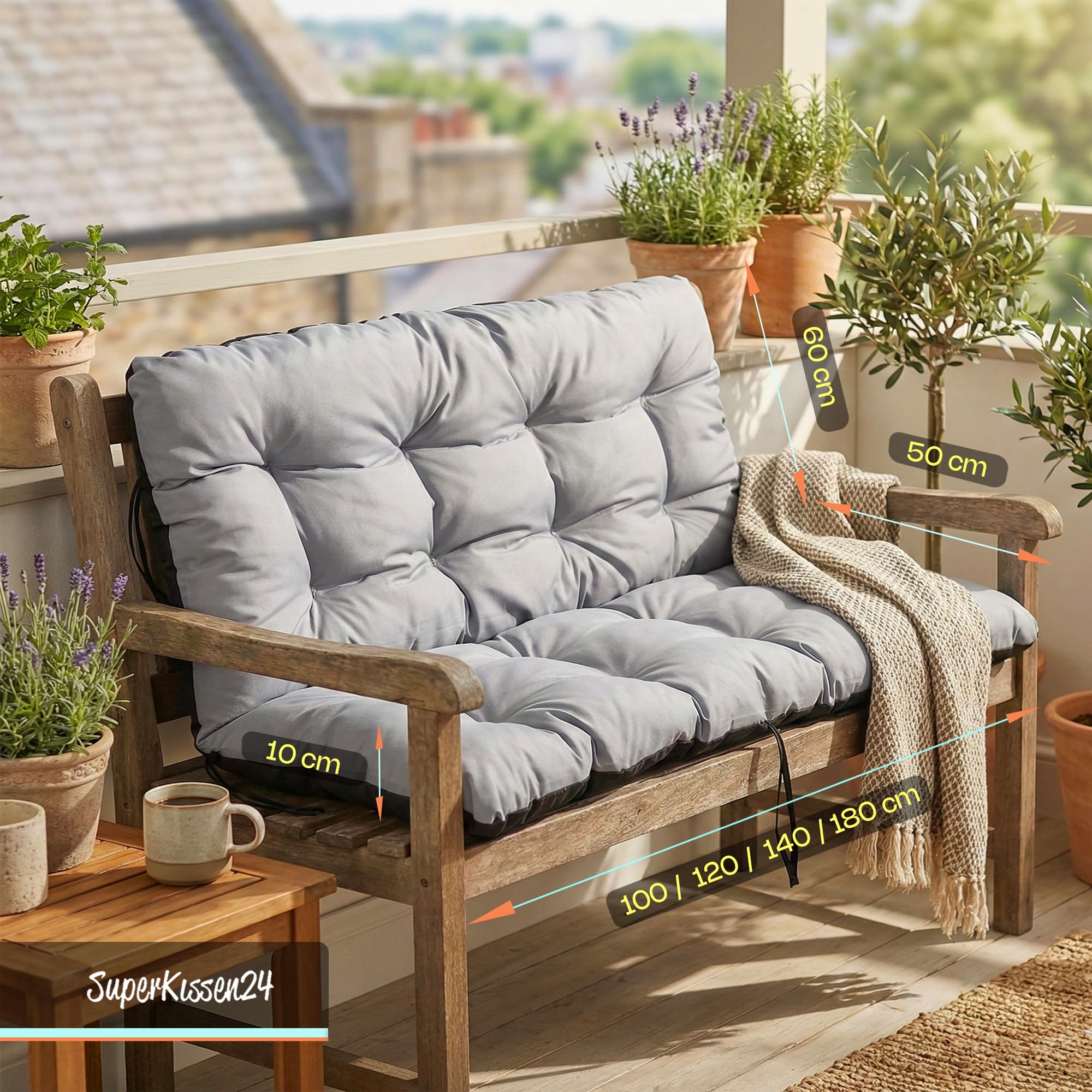 SuperKissen24. Coussin Dossier pour Banc de Jardin Canapé - 120x50 cm et Appui 120x60 - Intérieur/Extérieur - imperméable - Noir