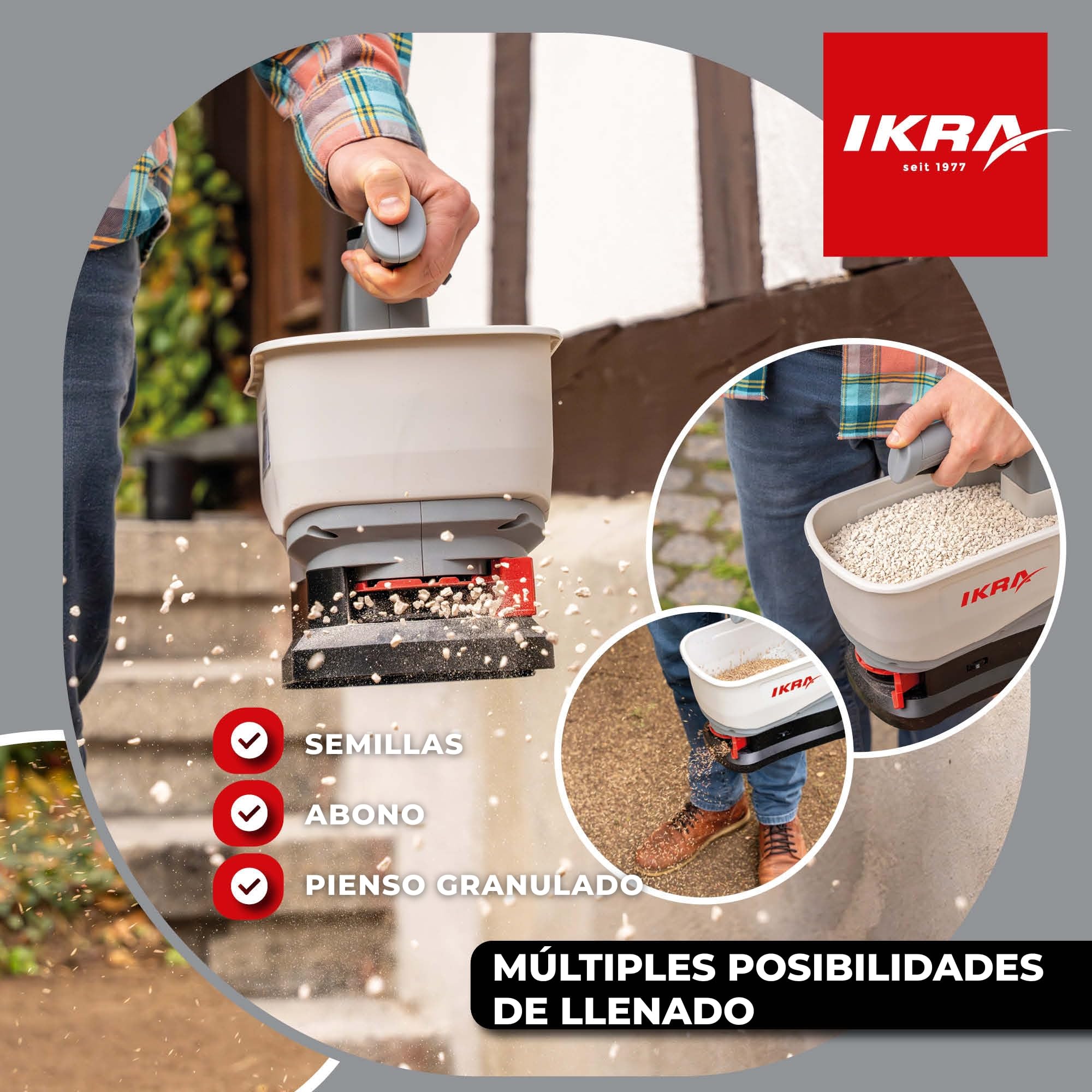 IKRA esparcidor IAST 12, ancho de esparcimiento 5m, incl batería y cargador | Esparcimiento eficaz de fertilizantes, sal para carreteras, semillas y pienso, gama de baterías de 12 V de IKRA
