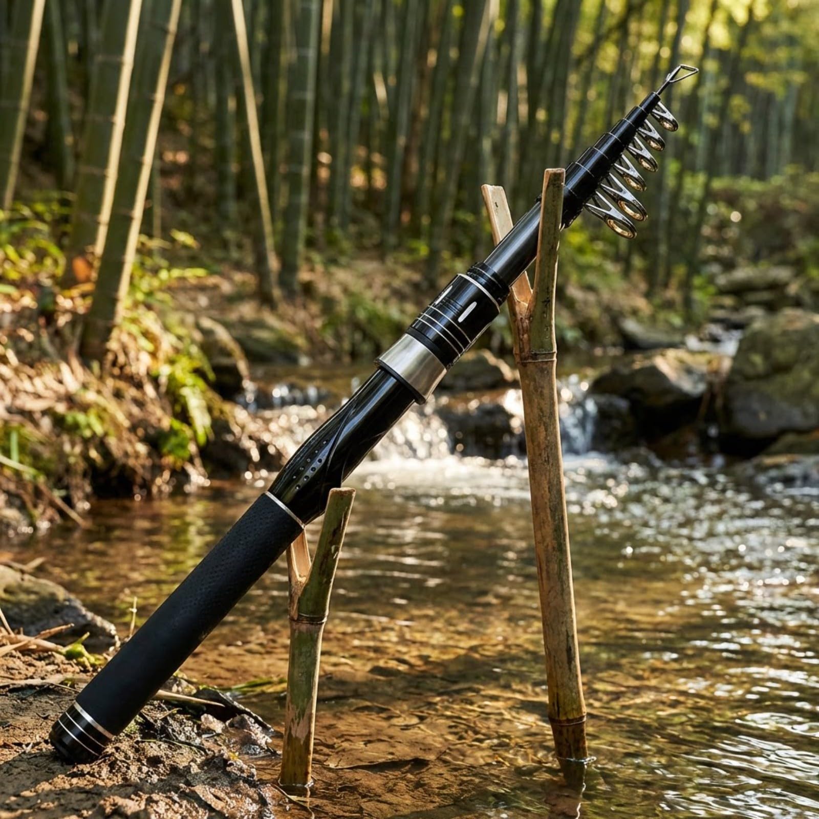 Caña de pescar telescópica ultraligera de carbono de 1,5 a 2,4 m con anillo guía de cerámica y agarre de espuma para fundición en orilla, color negro