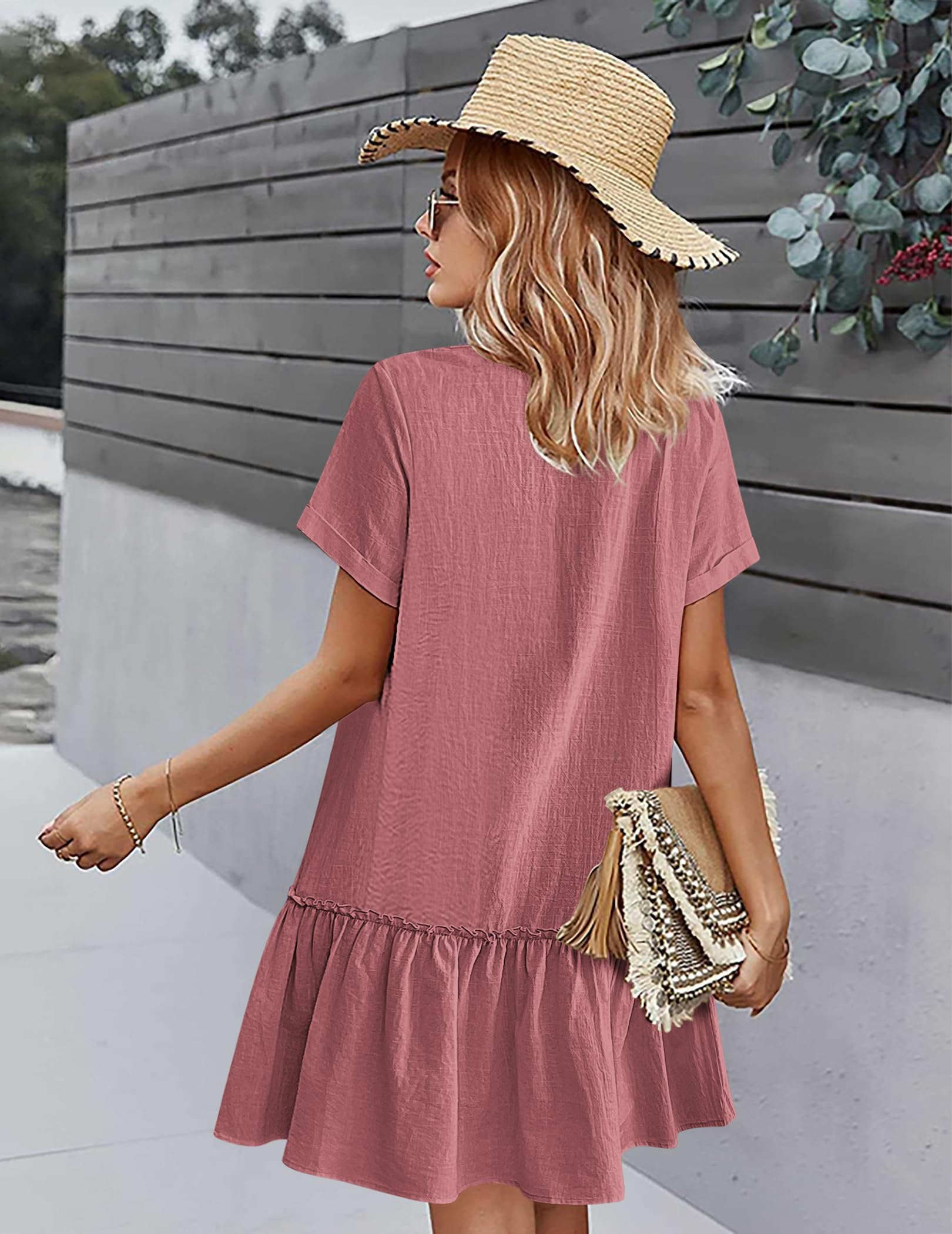 Hotouch Abito estivo da donna, con bottoni, in lino, casual, con scollo a V, a maniche corte, linea ad A, con volant