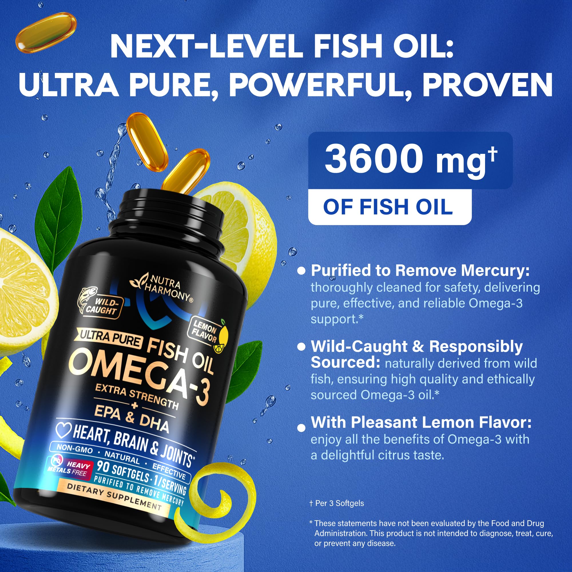 Omega 3 Fish Oil 3600 mg - Omega 3 Supplement | EPA & DHA - Heavy Metals Free - Heart, Brain & Joint Support - Purified Fish Oil for Men & Women - Burpless, Lemon Flavored - Made in USA, 90 Softgels