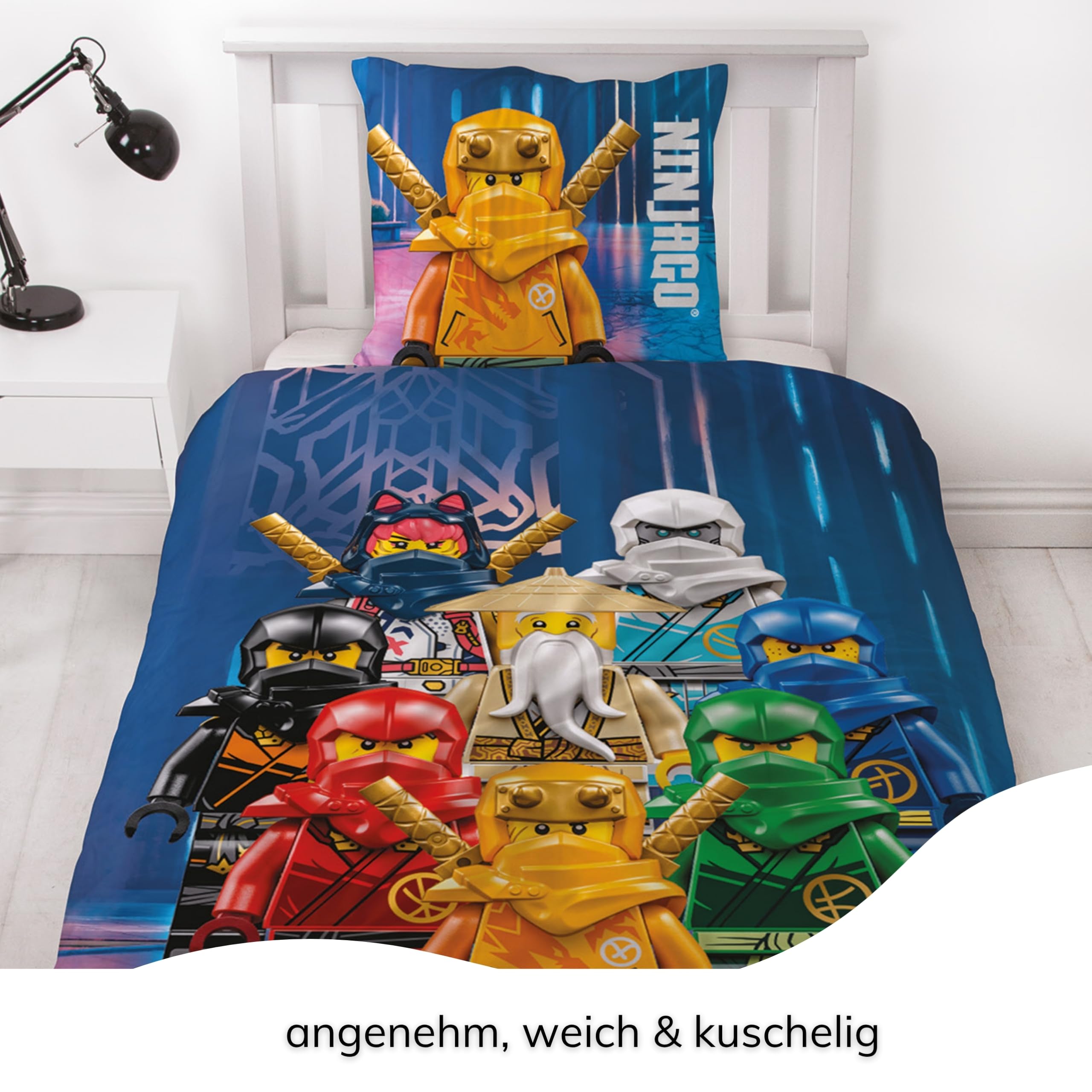 Lego Ninjago - Juego de Cama Infantil de 135 x 200 cm, 1 Funda de Almohada de 80 x 80 cm y Funda nórdica de 135 x 200 cm con Cremallera, Reversible, diseño de abanicos