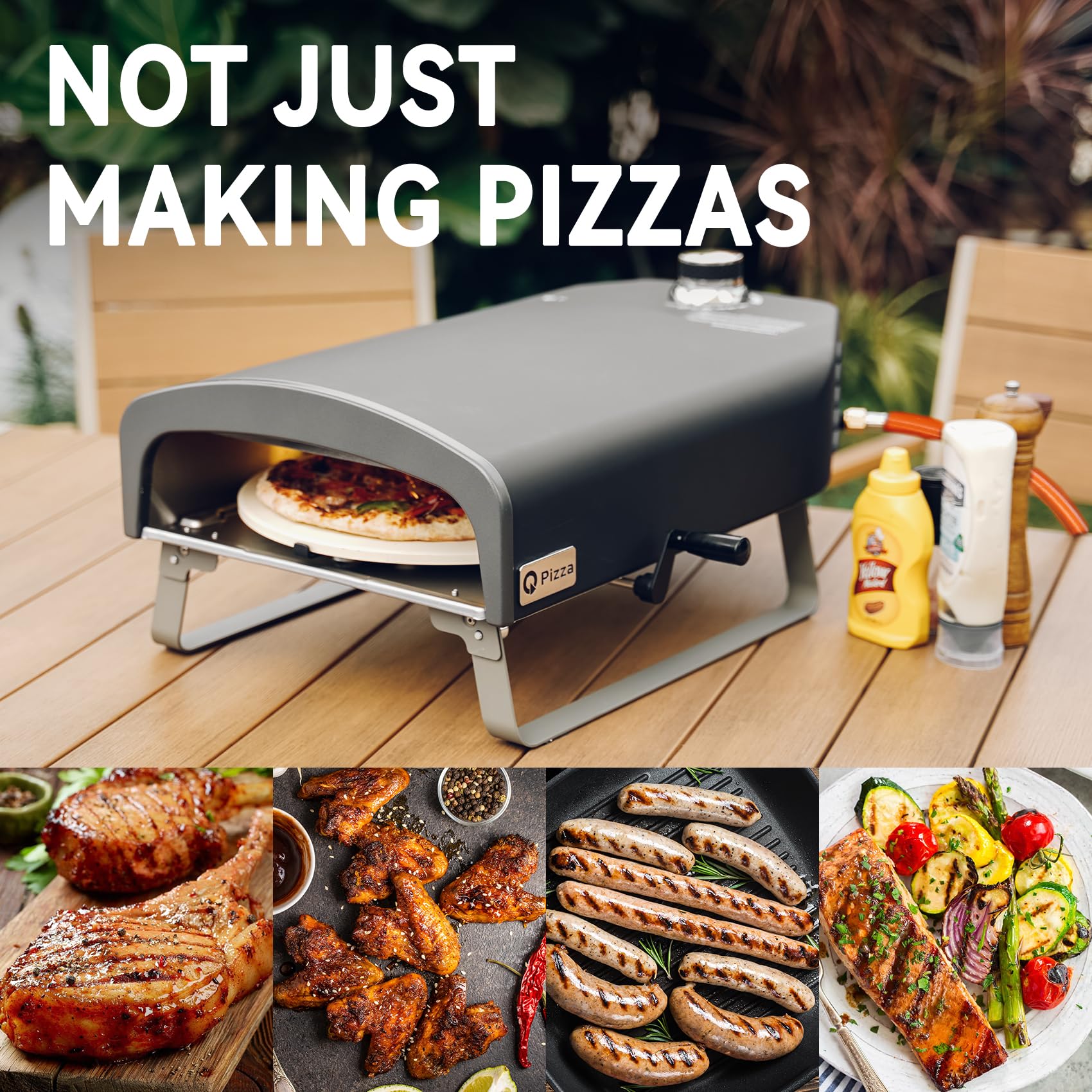 Q Pizza Gas Pizzaofen mit Manueller Drehfunktion, 500 Grad Pizza Grill für Outdoor Garten mit ⌀33 cm Pizzastein, Backen Sie Pizza auf Profi-Niveau in Ihrer Kontrolle