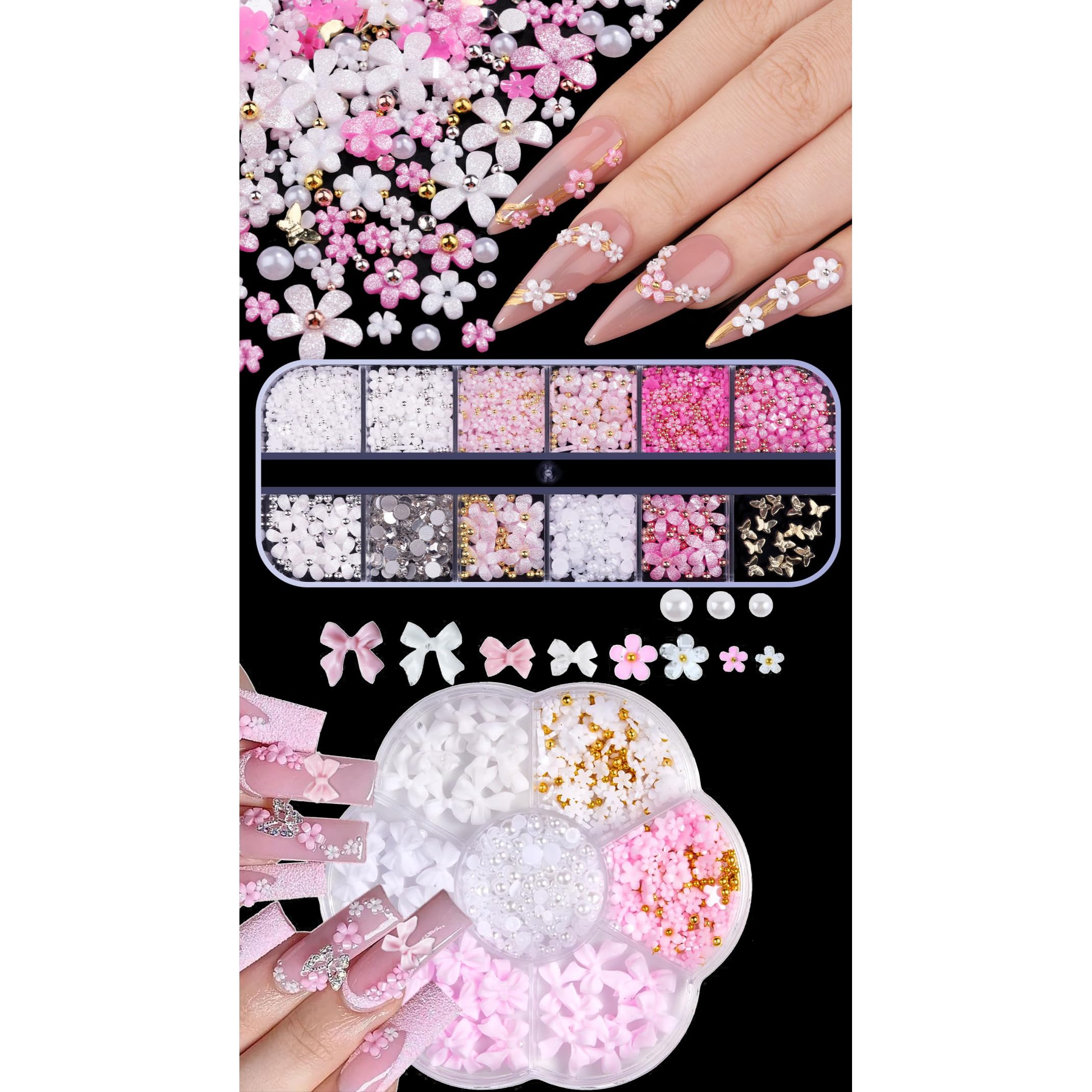 Lot de 2 boîtes de breloques pour ongles 3D (nœud, fleur, demi-perle), fleurs roses pailletées et nœuds, accessoires décoratifs pour manucure et loisirs créatifs