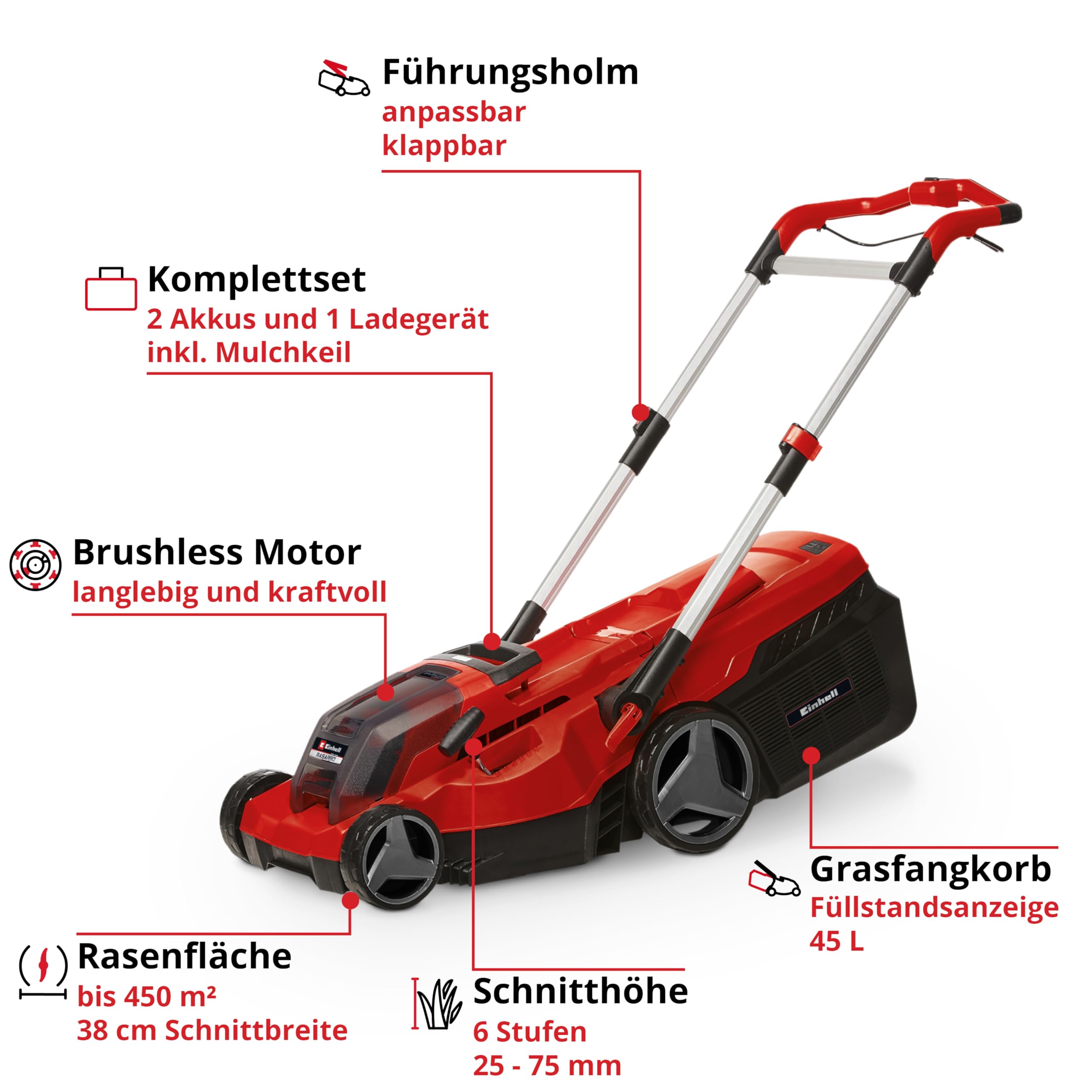 Einhell Akku-Rasenmäher RASARRO 36/38 Kit Power X-Change (36 V, 38 cm Schnittbreite, 450 m², Brushless, Mulchfunktion, 45L Fangkorb, inkl. 2X 4,0 Ah Akkus + Twincharger)