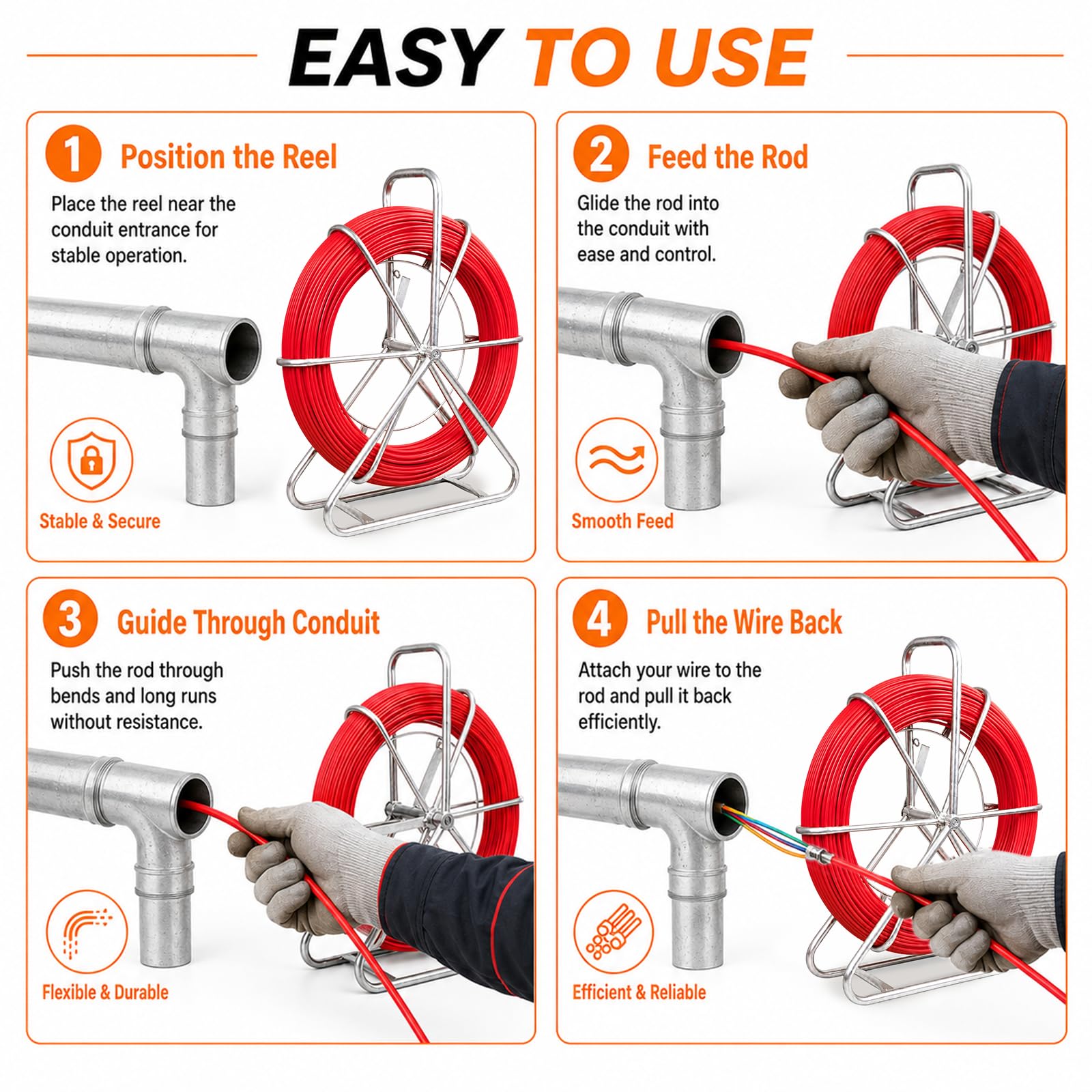Rodder de conducto de 6 mm y 500 pies, cinta de fibra de vidrio, varilla de alambre resistente con soporte de acero duradero, extractor de cable de cinta de pescado para conductos e