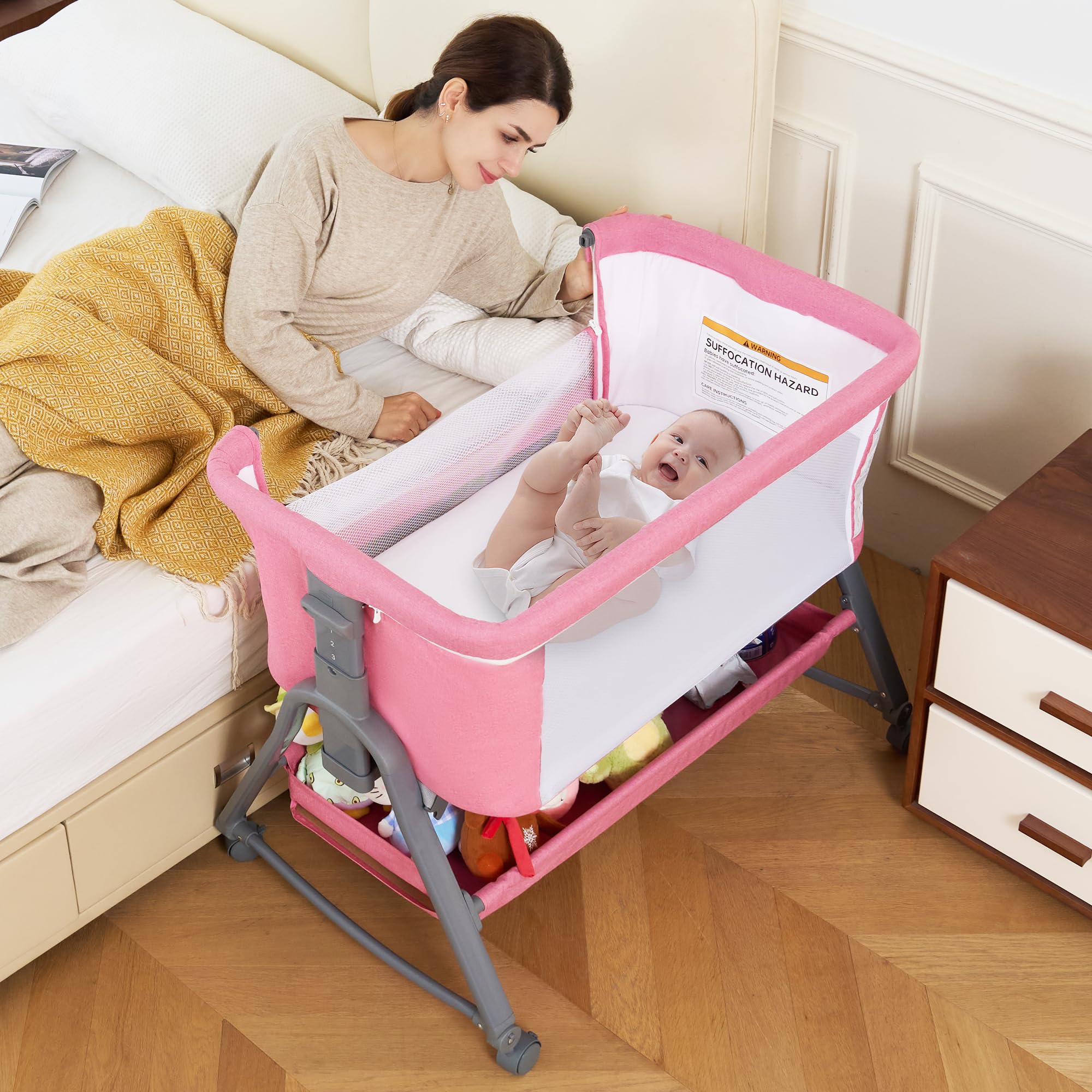 JOPHUN Bedside Crib, 3 in 1 Baby Bassinet Bedside Sleeper with Quick Height Adjustment, Portable Rocking Bassinet for Baby Girl with Wheels, Storage