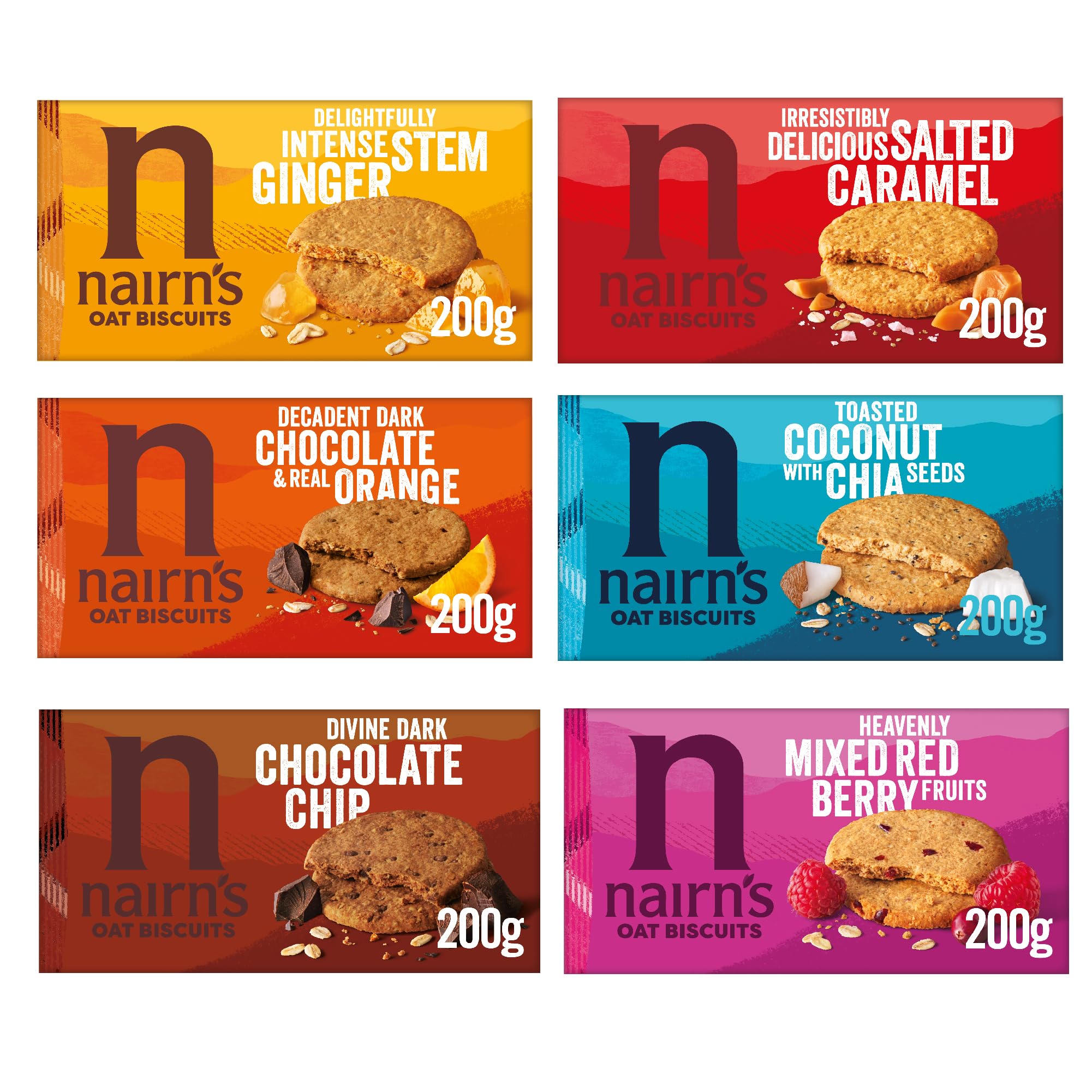 Oat Biscuits Variety Pack - Dark Chocolate Chip/Stem Ginger/Chocolate & Orange/Mixed Berries/Salted Caramel/Cocnut & Chia Seeds, Pack of 6