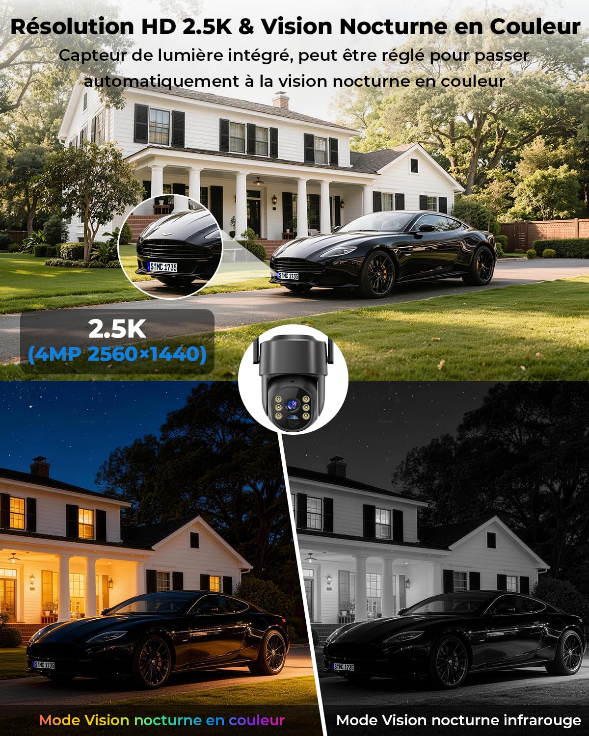 Camera Surveillance WiFi Exterieure sans Fil Solaire 2.5K 4MP avec Panneau Solaire 5W, 2K QHD, Batterie 8000mAh, 2.4G et 5GHz Wi-FI, 360° PTZ Suivi Automatique, IP66, PIR Détection