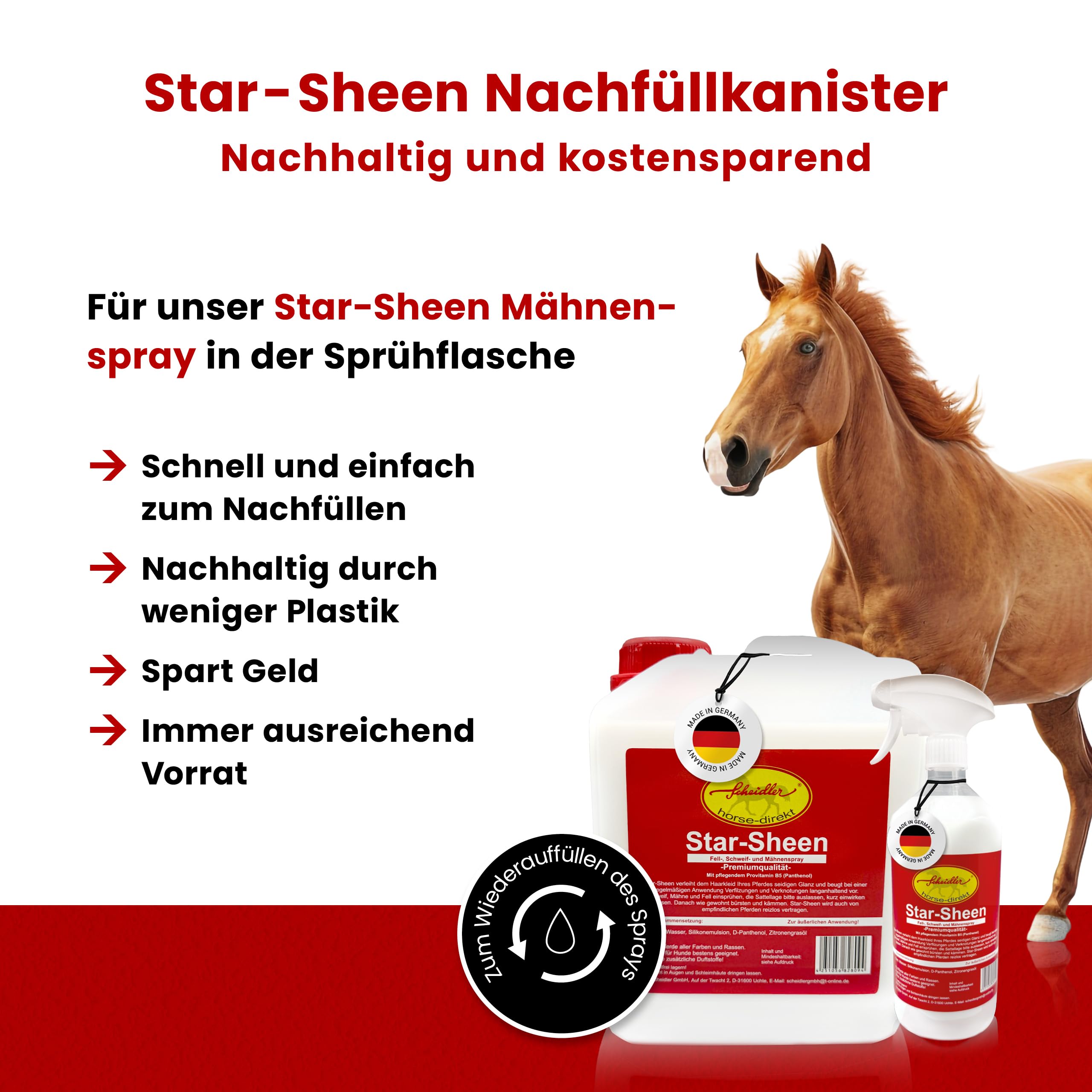 Scheidler horse-direkt Star-Sheen Mähnenspray 5l Kanister für Pferde – Langanhaltendes Schweifspray für brillanten Glanz - Leichtes Kämmen & Fellpflege – Natur Glanzspray Made in Germany