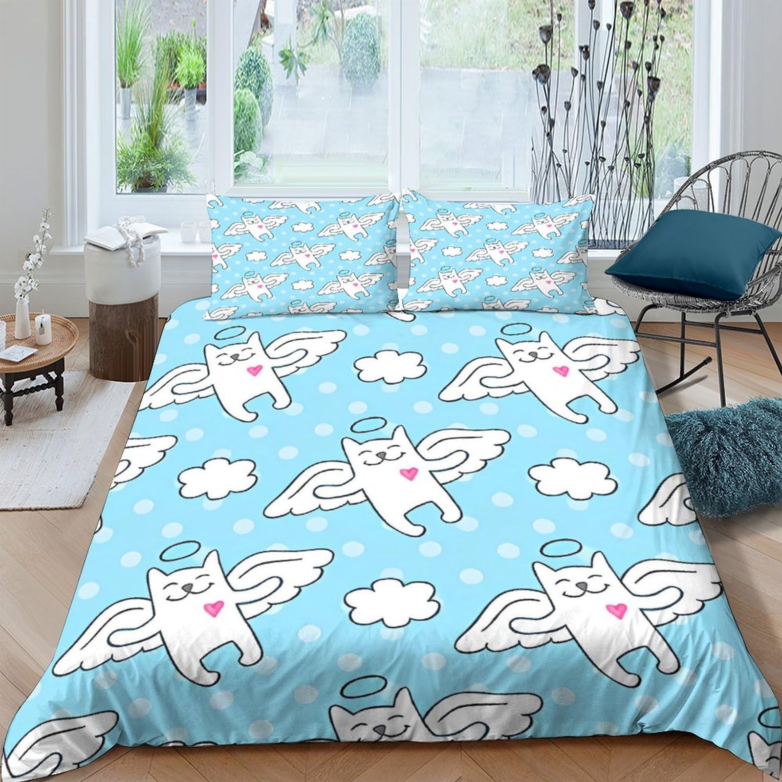 Housses de couettes chat ange 3D animaux dessin animé parure de lit microfibre fermeture éclair 3 pièces