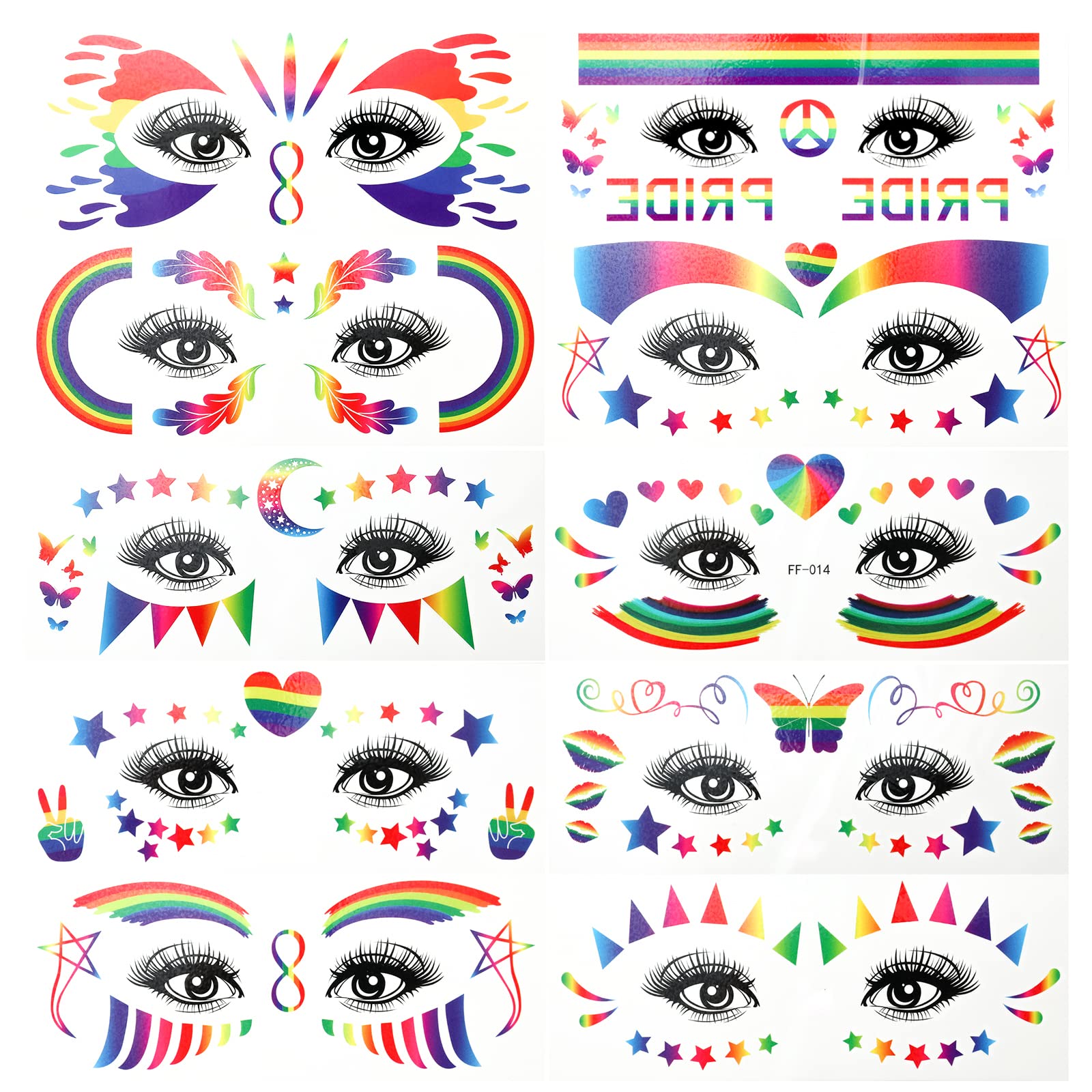 Photo 1 of 10 Sheets Rainbow Temporary Tattoos, Pride Tattoos Rainbow Face Tattoo Decoration Eyes, Butterfly, Star, Heart Tattoos for LGBT, Pride Festivals