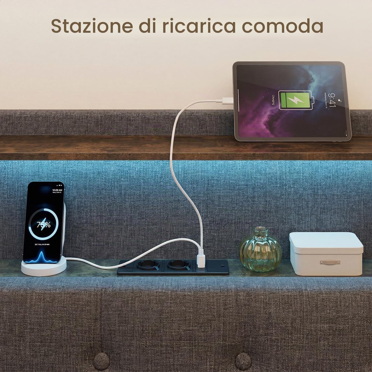 Xbro Letto Matrimoniale 140x200 cm con LED RGB APP, 2 Prese AC, USB e Type-C, Testiera Imbottita con Ripiano Integrato, Letto Fluttuante con Struttura in Metallo e Rete a Doghe,