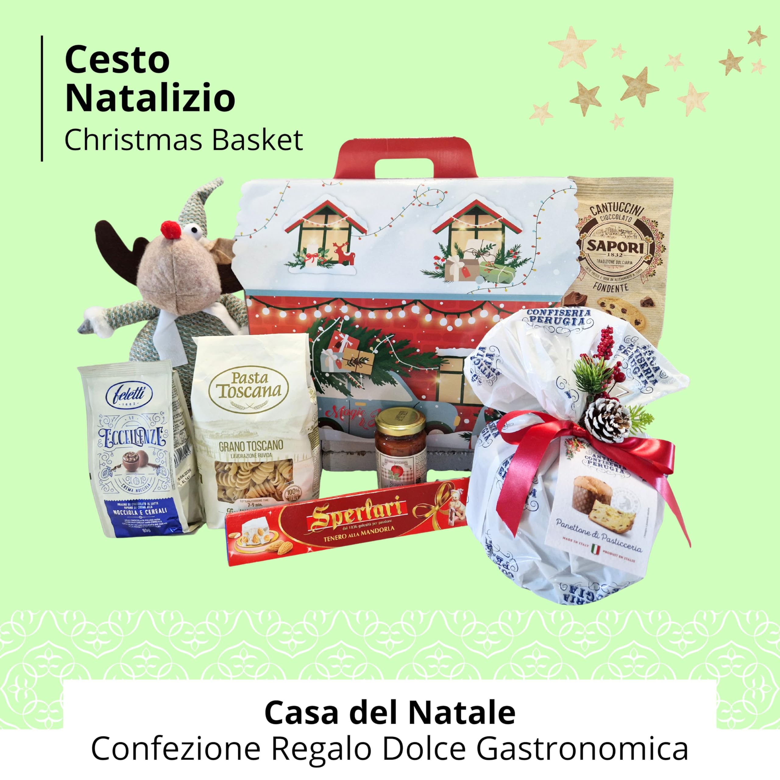 Cesti Natalizi Speciale Italia – Confezione Regalo Casa del Natale, Cesto Natalizio Gastronomico con Panettone da 500g e Prodotti Alimentari Dolci e Salati, 8 pezzi