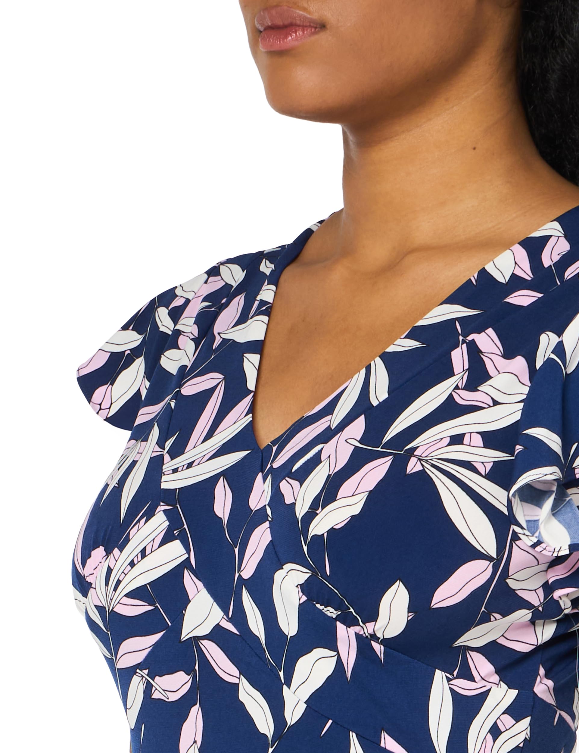 London Times Damen Damen-midi-Kleid mit Blattdruck, V-Ausschnitt, Rüschenärmel, V-Ausschnitt, Rüschenärmel, V-Ausschnitt Kleid