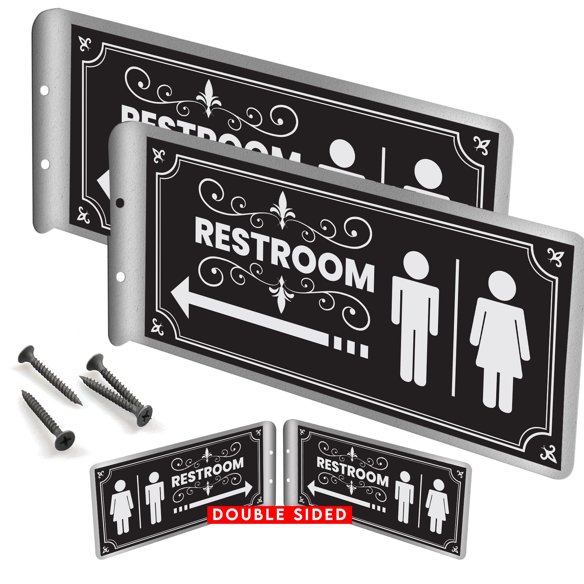 Señales de baño de aluminio de doble cara (2 unidades) para oficina o hogar, 12 x 5.5 pulgadas con película protectora transparente extraíble, tornillos incluidos