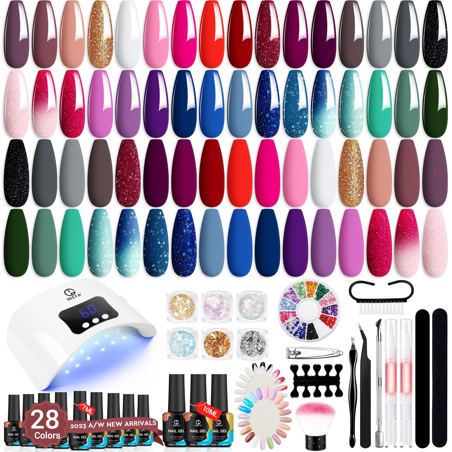 MEFA 52PCS Gel Nail Polish Kit with U V Light, 28 Colors Glitter Color Changing Gel Polish Set 48W Nail Lamp with Top Base Coat Manicure Nails Art Decorations Home Salon Design Valentines Gifts