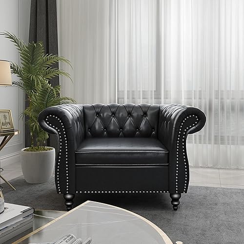 Chesterfield - Silla moderna de cuero copetudo con brazos enrollados y cabeza de clavos para sala de estar, dormitorio, oficina, apartamento (negro)