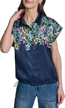 Karl Lagerfeld Women's Short Sleeve Collared Floral Side Tie Camp Shirt