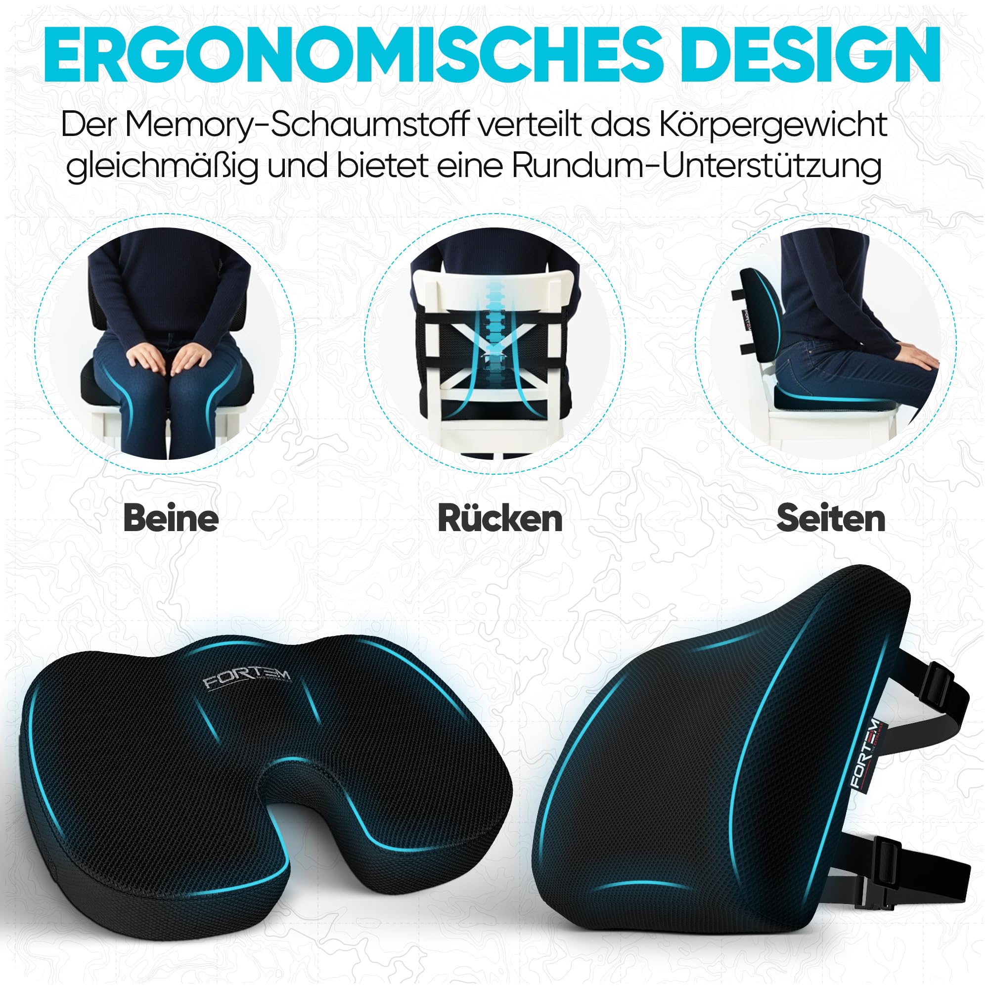 FORTEM Sitzkissen und Lendenkissen für Bürostuhl, Sitzpolster, Memory-Schaum Rückenkissen, Lordosenstütze Auto, Rutschfestes Sitz- und Rückenpolster für Gaming, Autositzkissen, Stuhlauflage