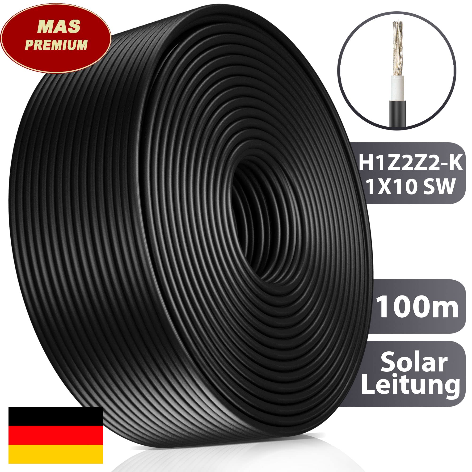 Cable solar H1Z2Z2-K 4, 6 o 10 mm², cable solar de 5 a 200 m, negro, rojo o azul, cable fotovoltaico, sin halógenos, doble aislamiento (H1Z2Z2-K 10, negro, 100 m)