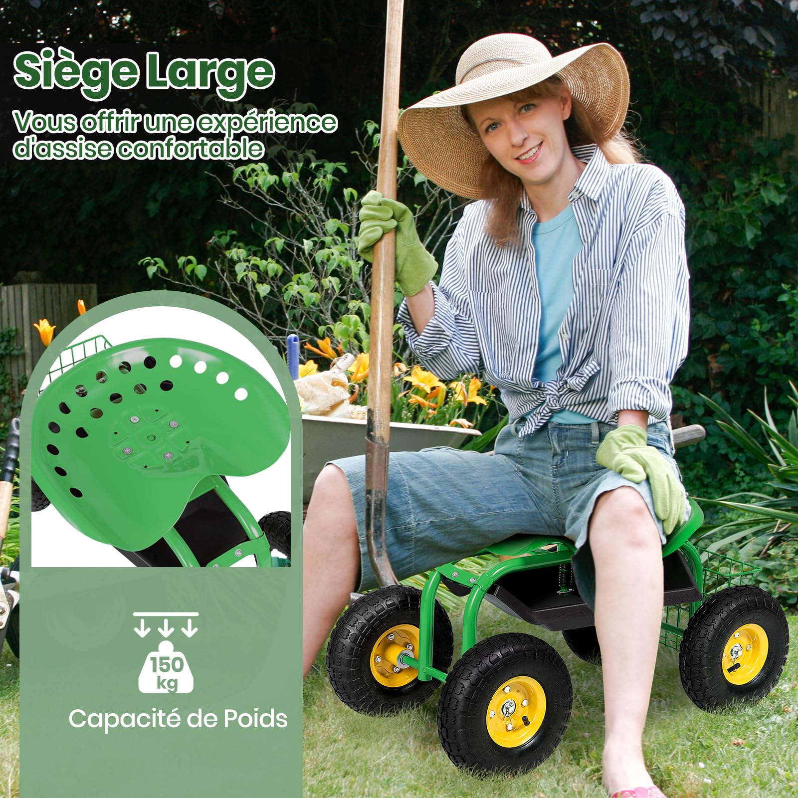 GOPLUS Asiento de Jardín Giratorio de 360°, Cesta de Almacenamiento para Herramientas, Taburete y Asiento de Trabajo Exterior, Altura Ajustable, para Jardinería y Plantación, Carga 150 kg (Verde)