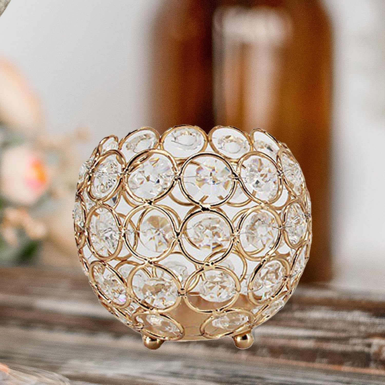 Ornaments Retro Style Tea Light Candle Holders Decoration Tealight Tabletop Crystal Candle Holder for Fireplace Housewarming Christmas Wedding Dinner, Golden 10cm x 9cm Ornament Candlestick