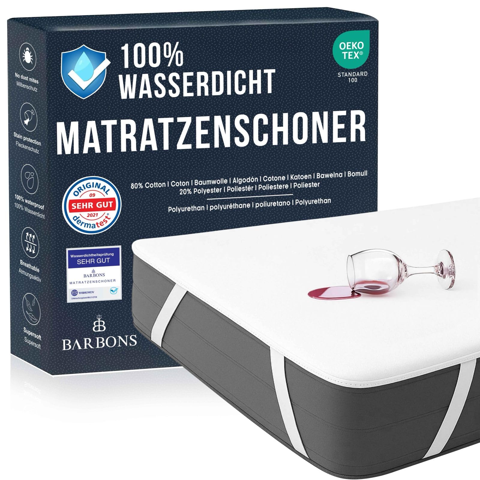 BARBONS Matratzenauflage 90 x 200 / 180x200 / 140x200cm - wasserdichte Matratzenauflage 160x200 / 100x200 / 60x120 / 70x140, Inkontinenzunterlage waschbar, Atmungsaktiv Nässeschutz