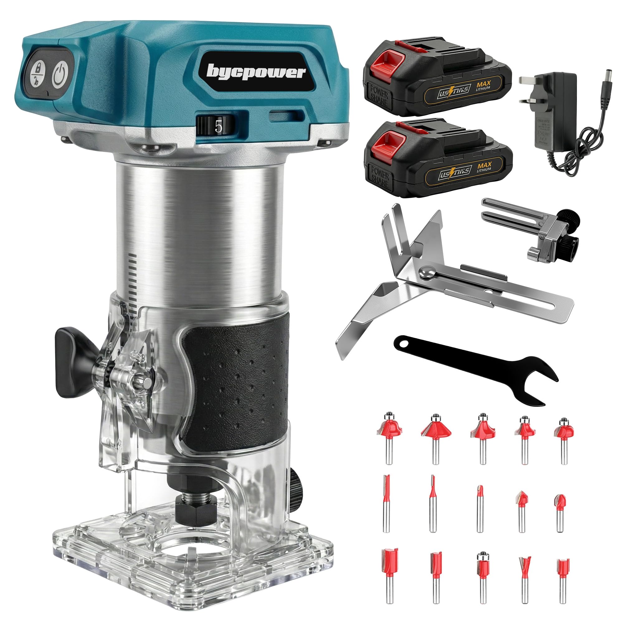 Akku Oberfräse für Ma-Kita 18V Akku, 30000 RPM Bürstenloser Motor, 5-Stufen Kantenfräse mit 2 Akku, Kabellose Holzfräse mit 6,35mm Durchmesser, mit 15pcs 1/4" Fräser für Holz & Kunststoff